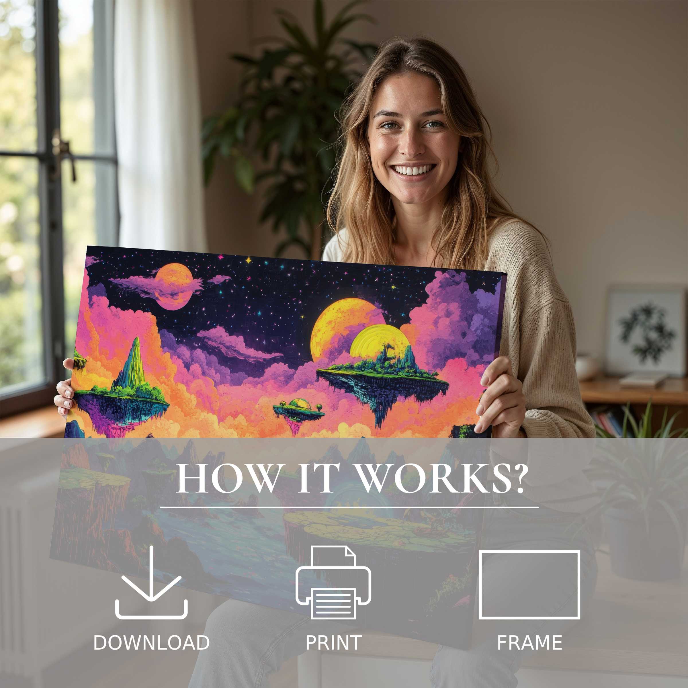 Radiant pop art digital art print embraced in a serene modern home, sparking joy through effortless living art