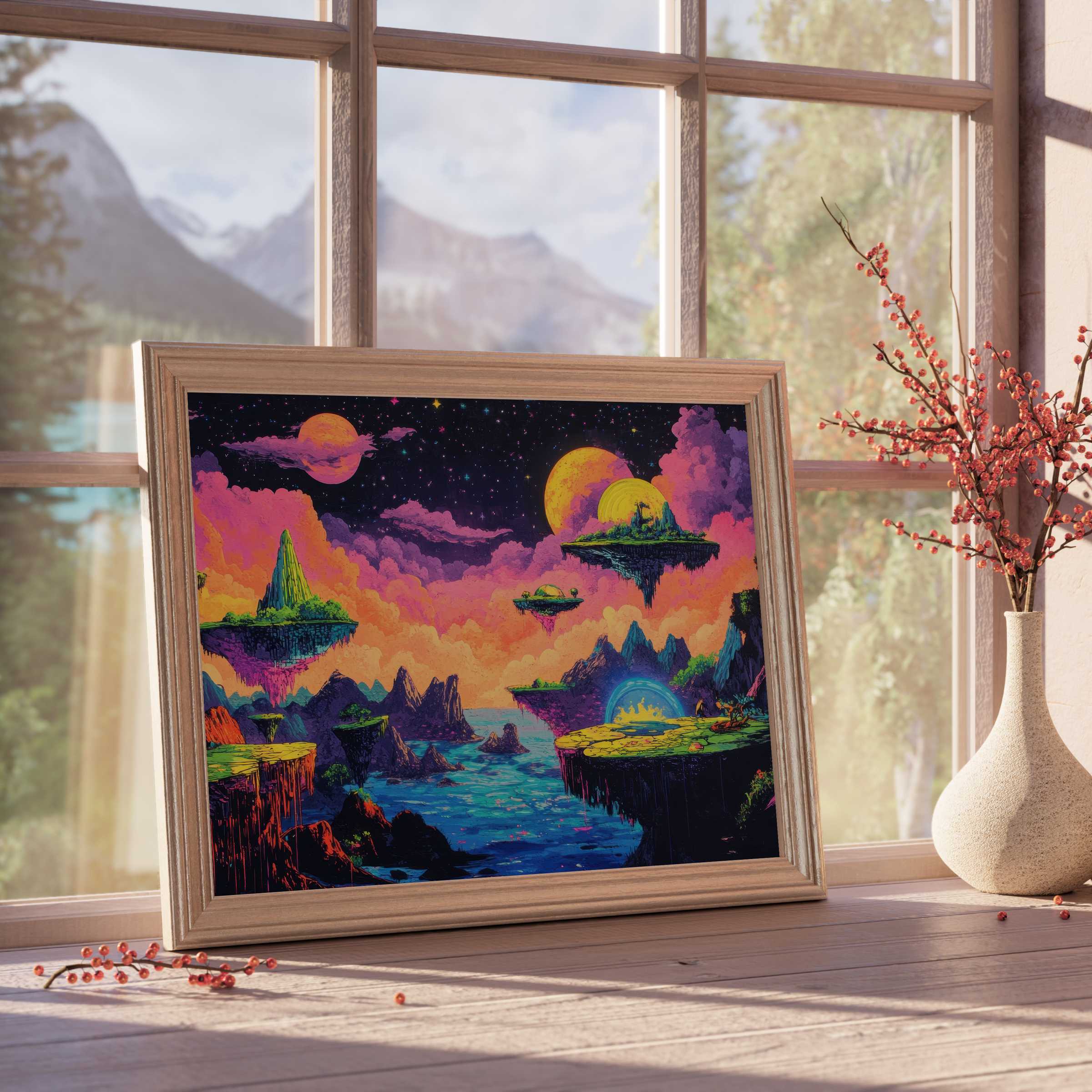 Vibrant pop art downloadable art with floating islands and cosmic skies, perfect for elevating curated, tranquil interiors