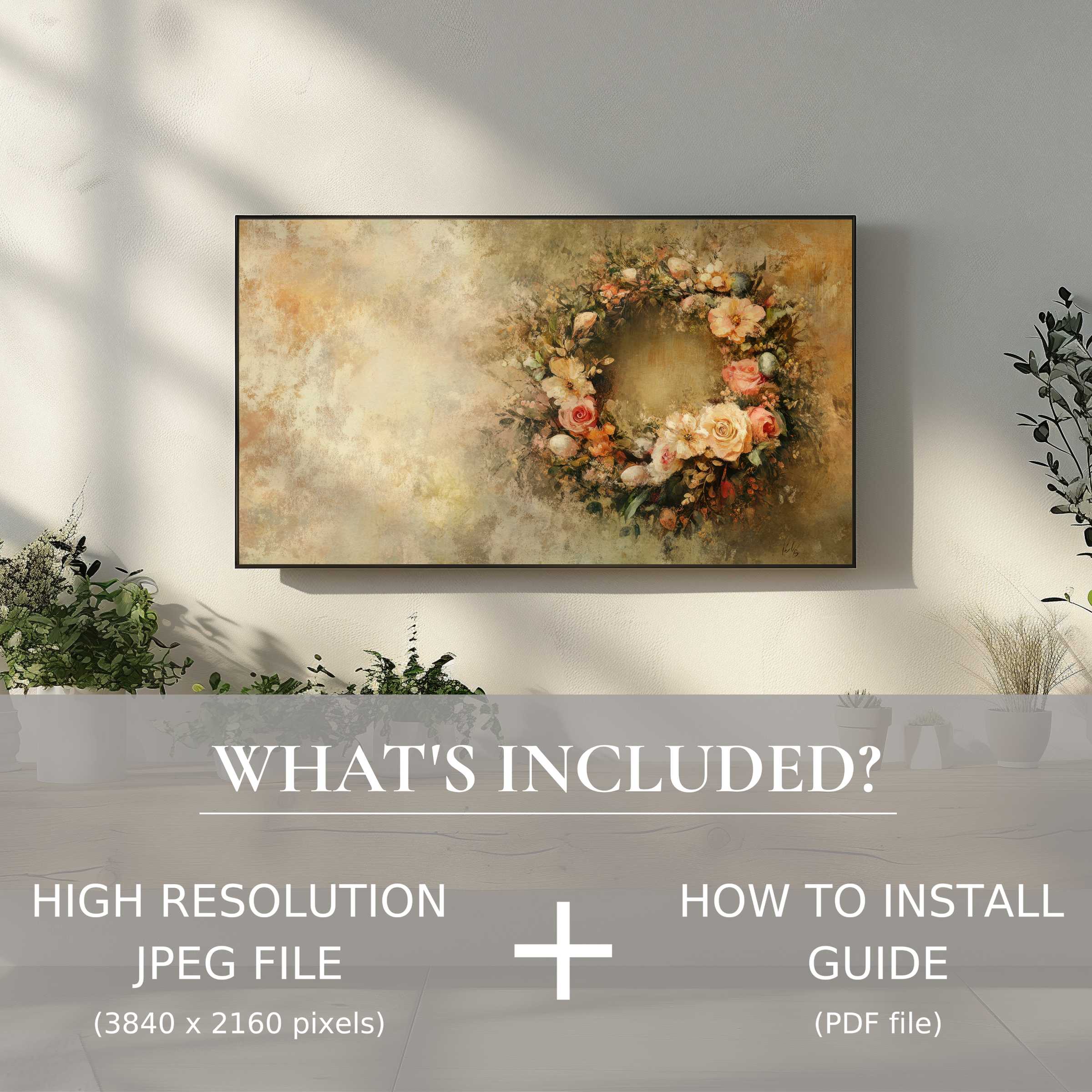 Elegant easter digital TV art download showcasing a floral wreath that effortlessly enhances stylish living spaces