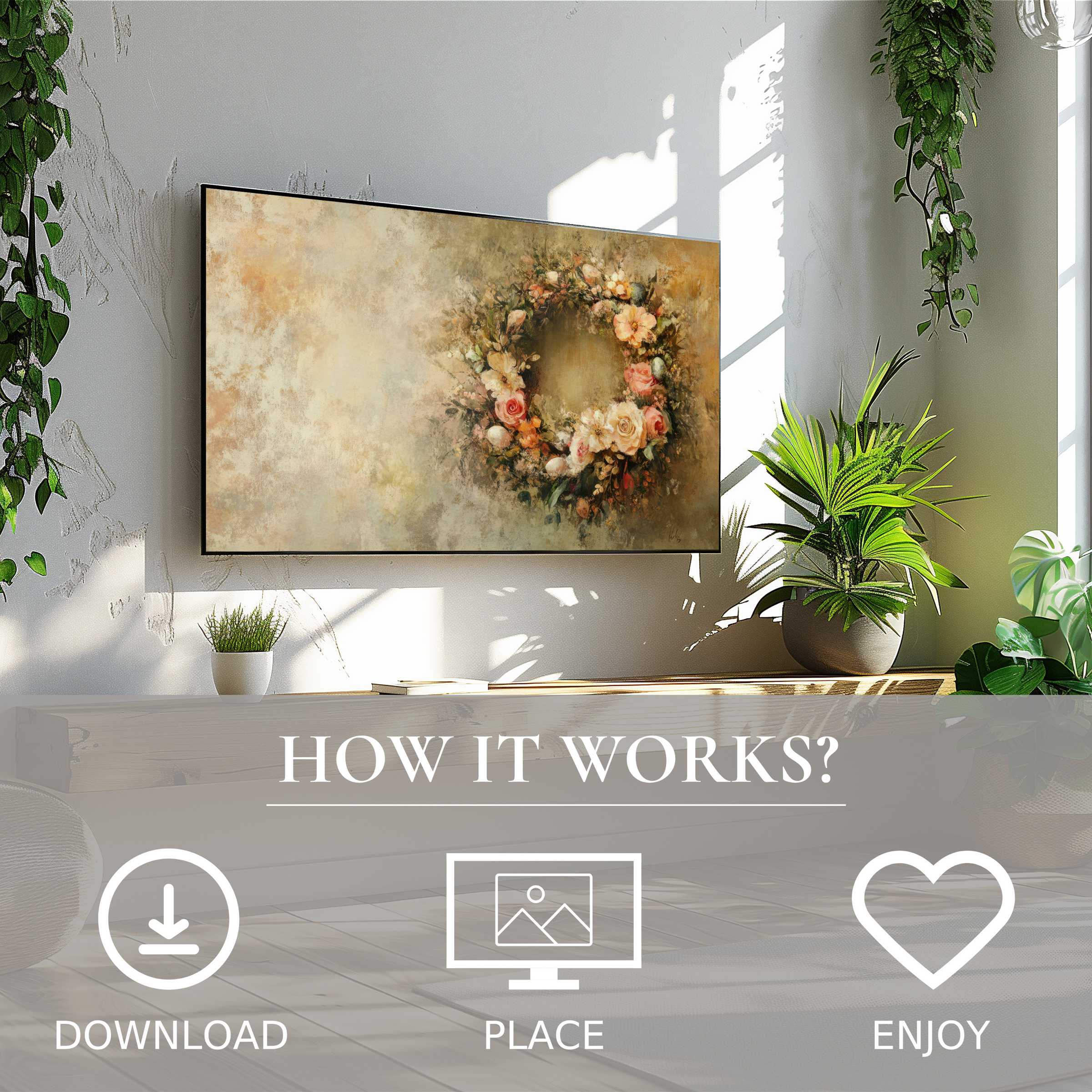 Modern living room with easter art for Samsung TV, soft floral wreath tones, easy digital download, and stylish decor