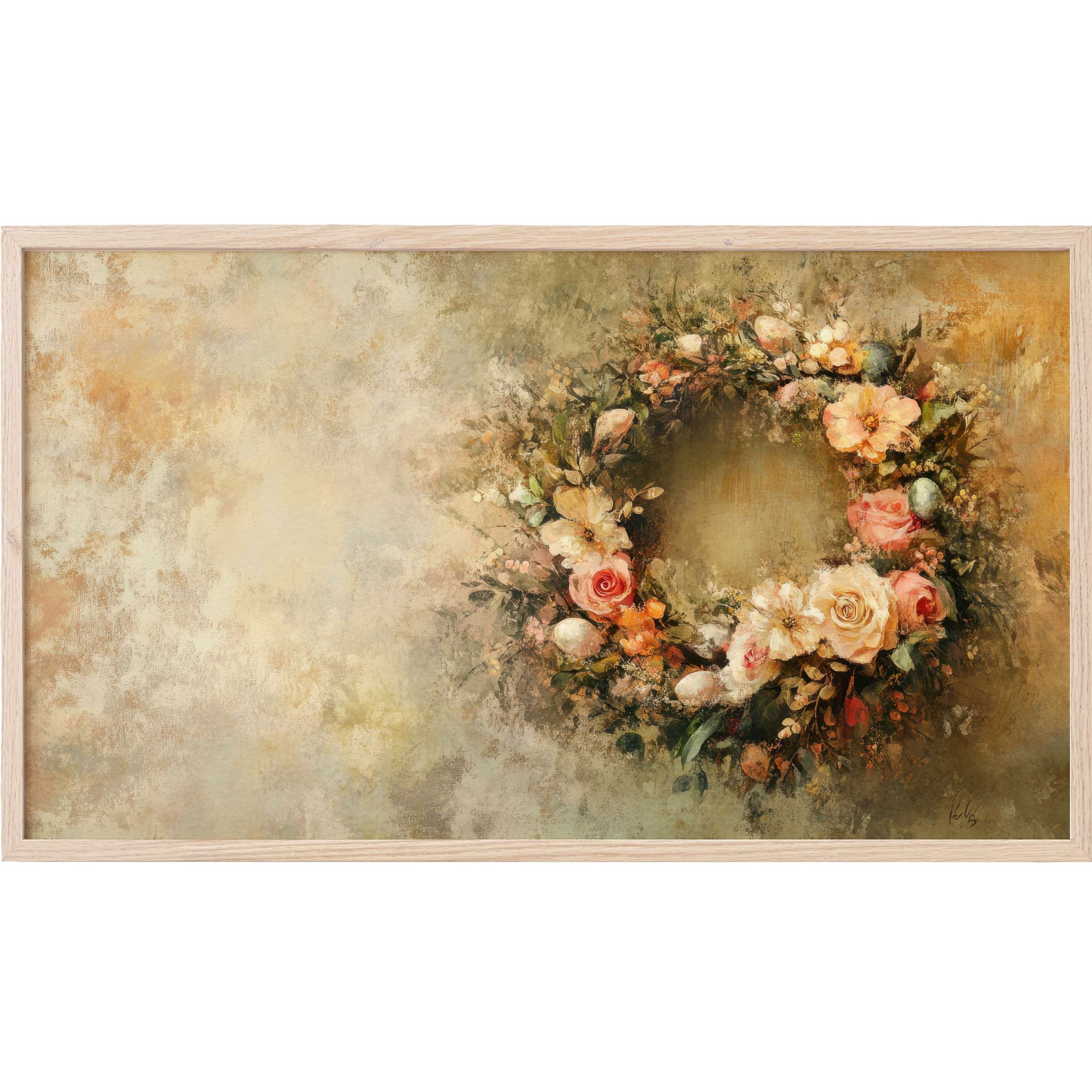 Elegant easter Frame TV Art with soft pastel floral wreath in textured earthy beige and warm tones, timeless ambiance