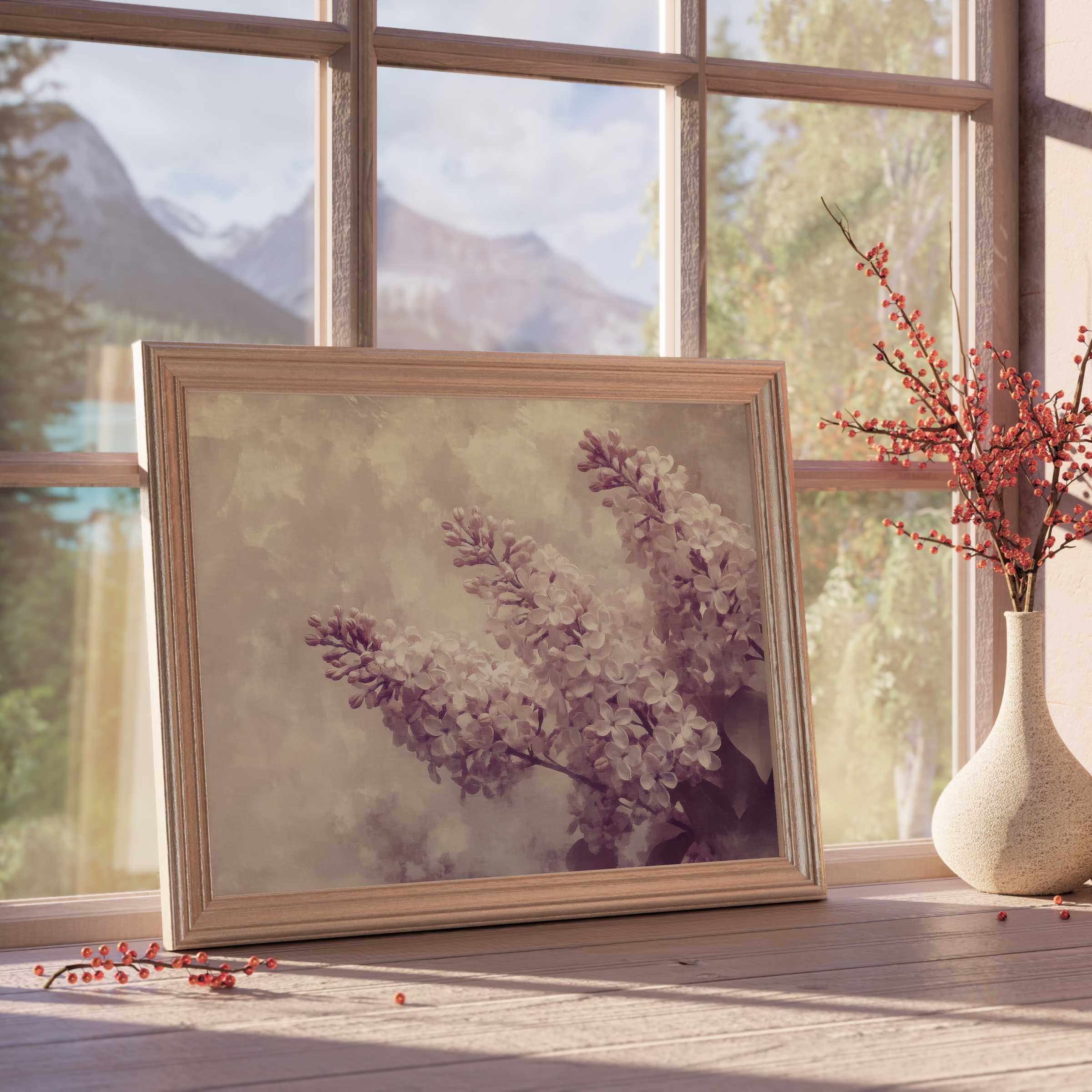 Elegant spring downloadable art featuring soft lilac blooms, enhancing tranquil, curated interiors with timeless floral charm