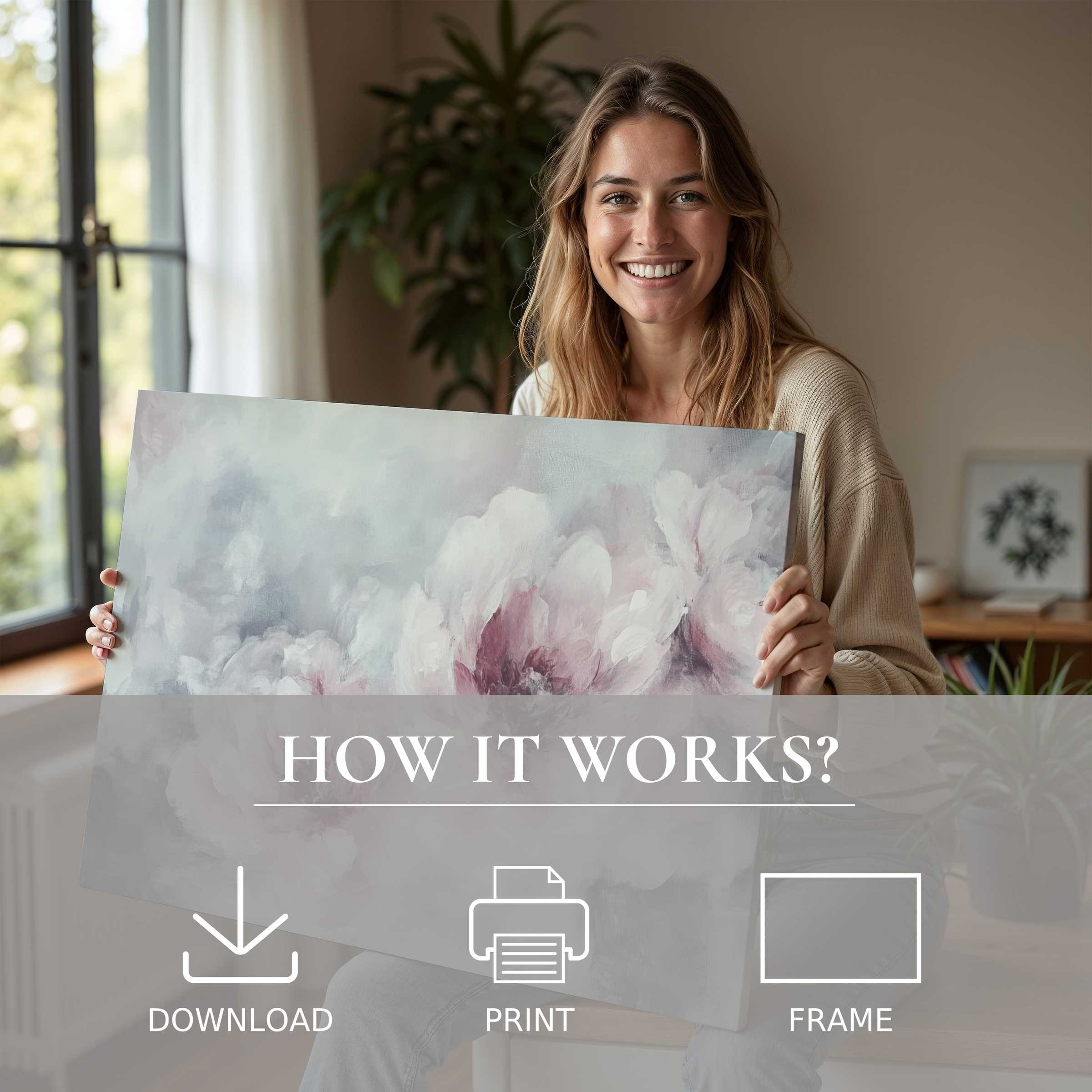 A woman embraces a delicate floral digital art print in soft pastels, embodying joy and serene elegance in a modern home