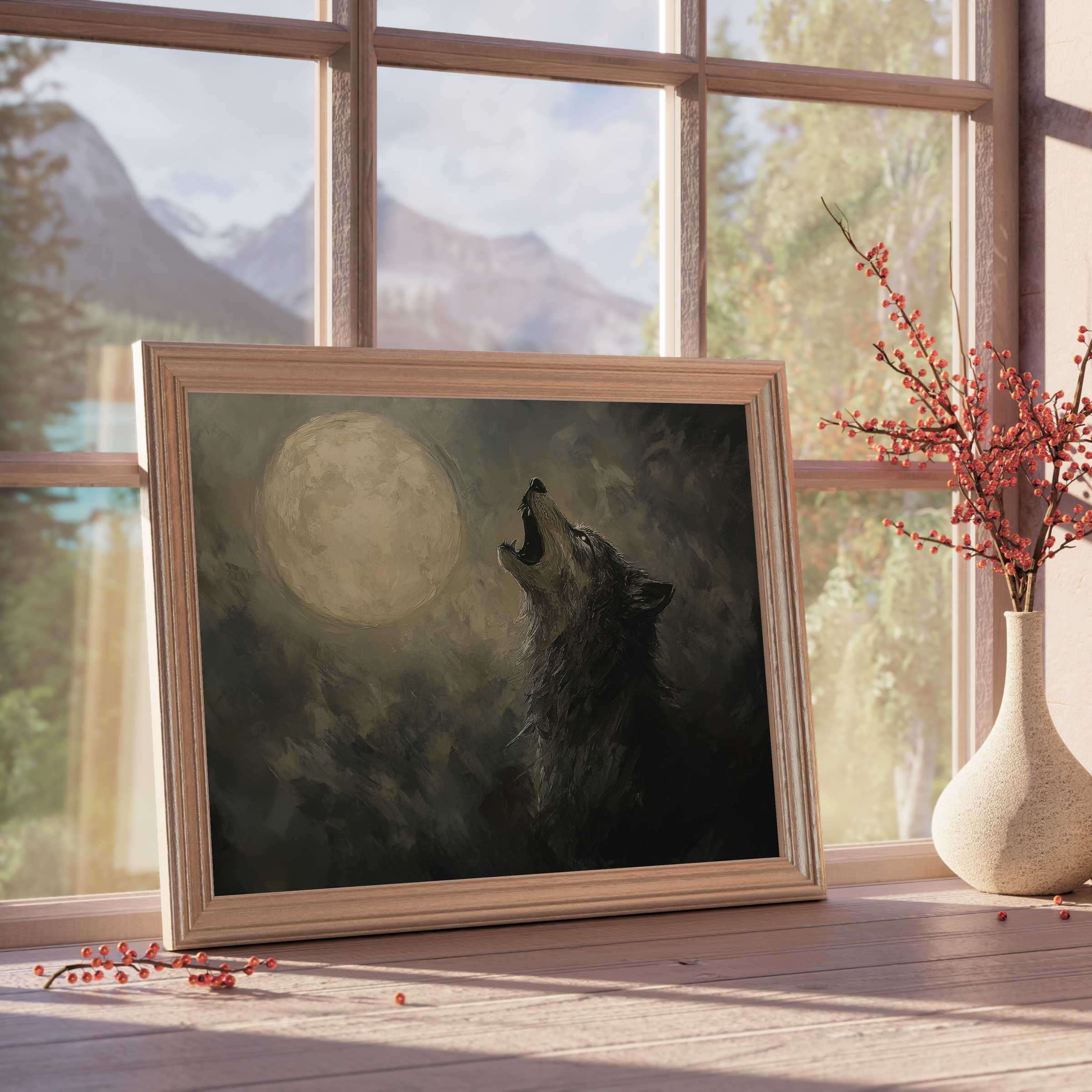 Halloween downloadable art featuring a haunting wolf howling beneath a glowing full moon, adding moody elegance to refined interiors
