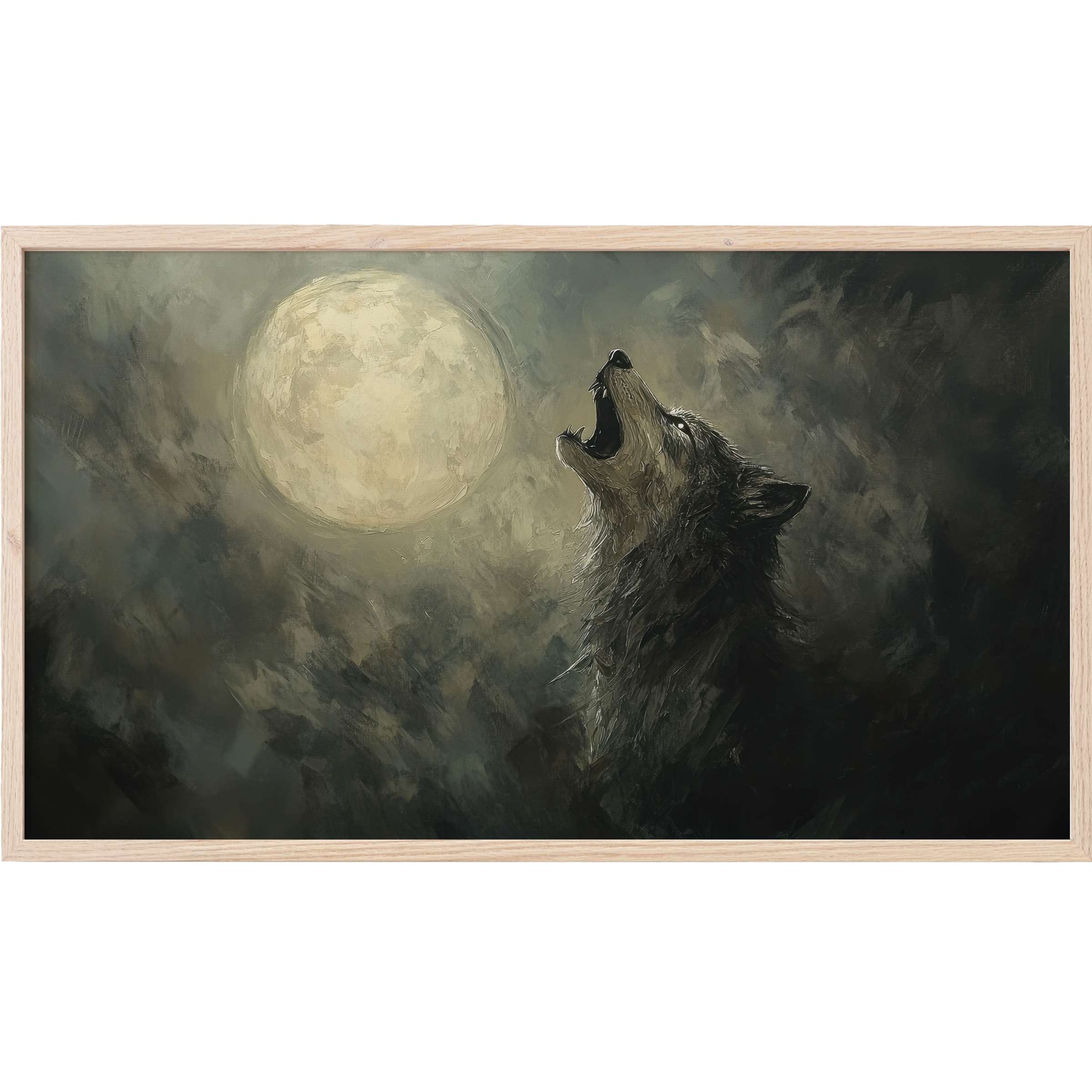 Mystical wolf howling at a glowing moon in dark, moody tones with textured brushstrokes, halloween Frame TV Art