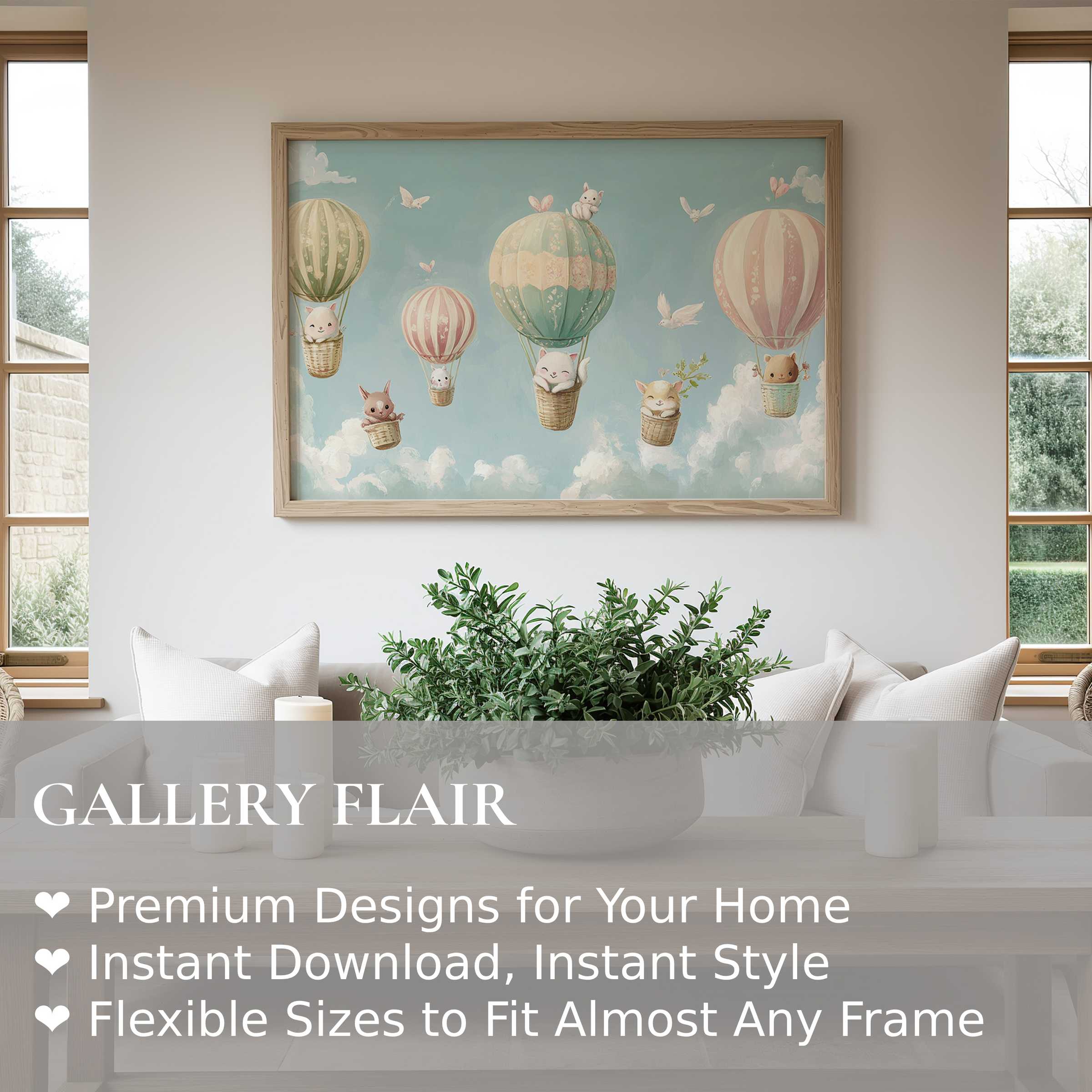Soft pastel nursery wall art print featuring whimsical animal hot air balloons, adding calming charm to modern, light-filled interiors