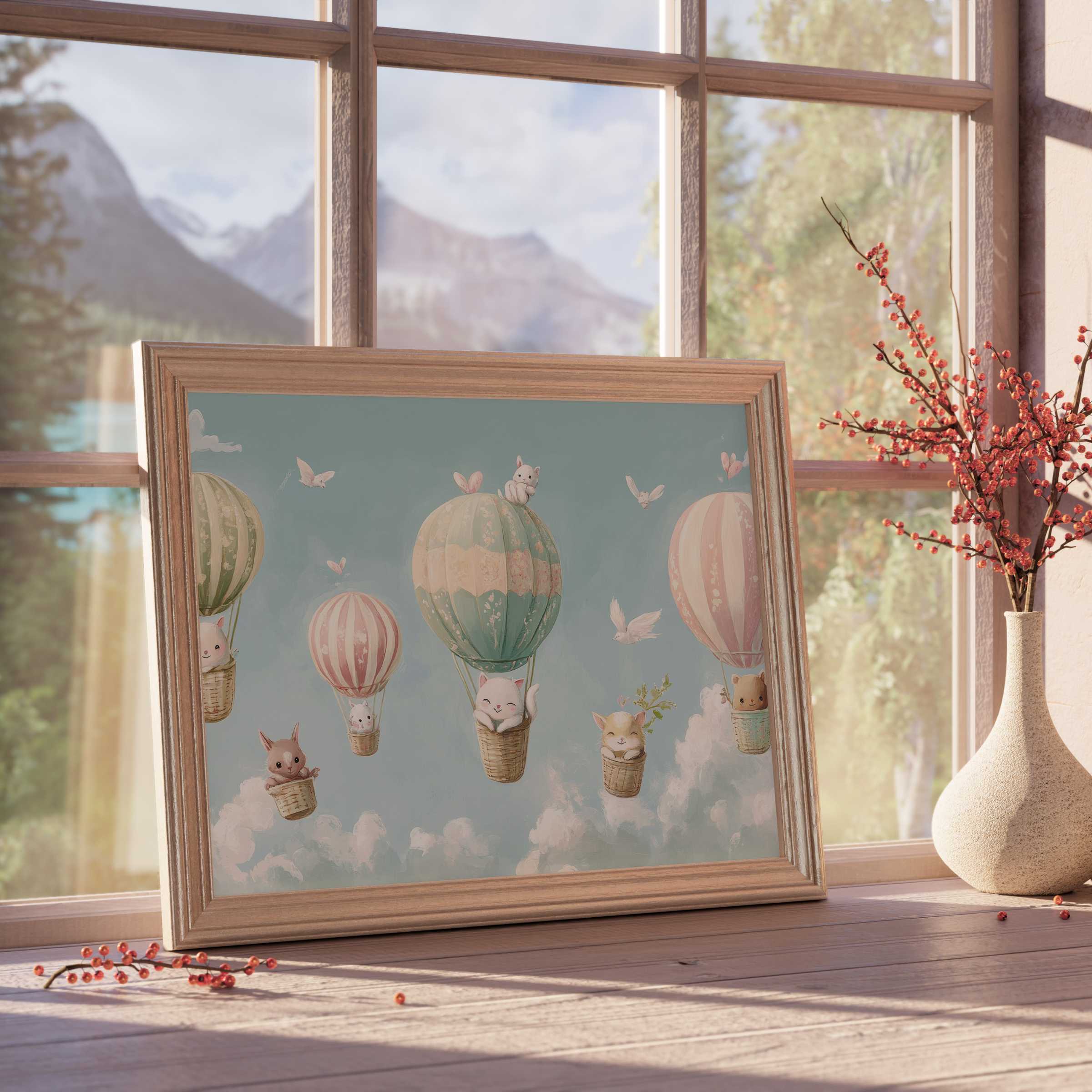 Nursery downloadable art with whimsical animals in pastel hot air balloons, evoking serene, curated, and dreamy kids' room elegance