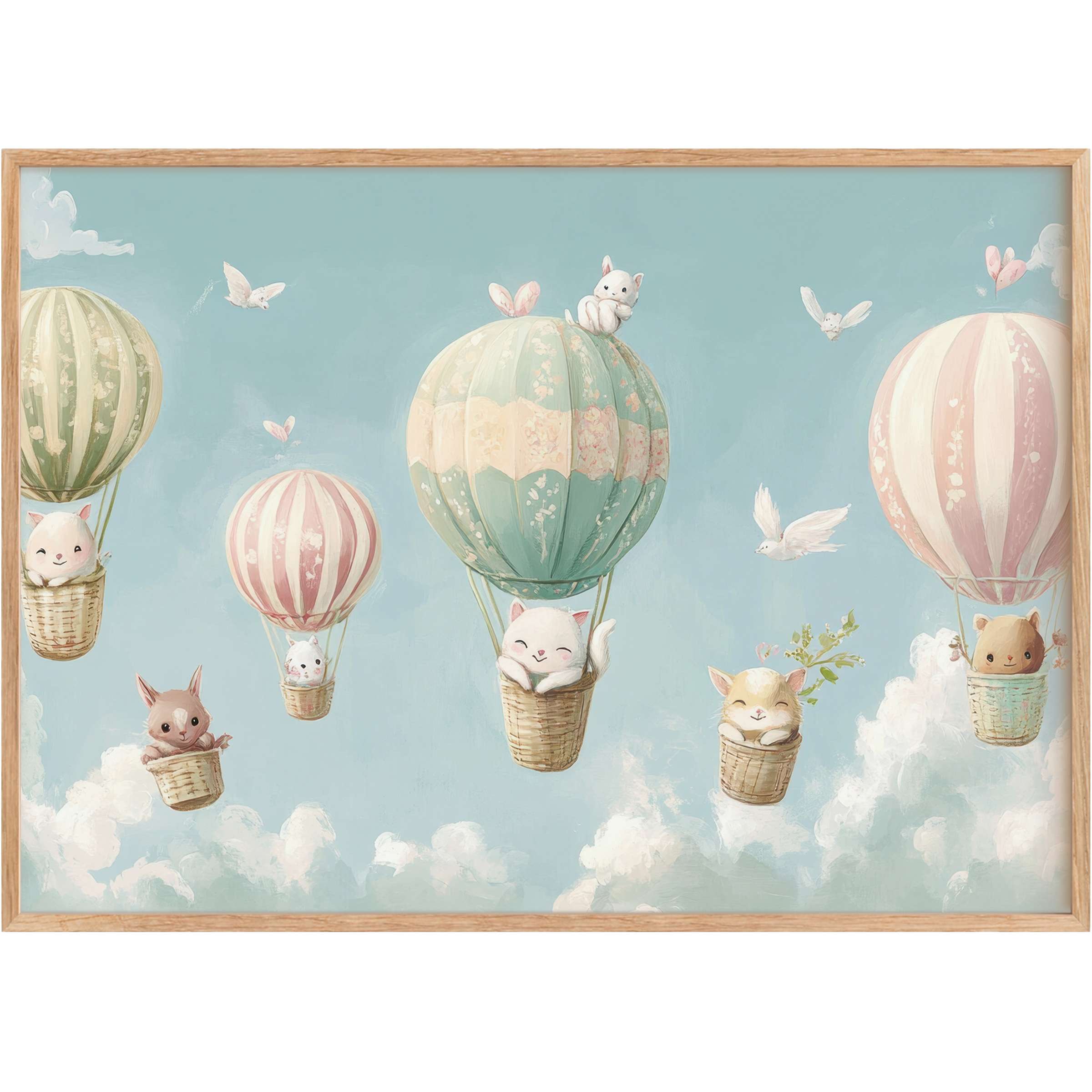 Whimsical nursery printable wall art featuring pastel hot air balloons and adorable critters, creating a serene sky-bound escape