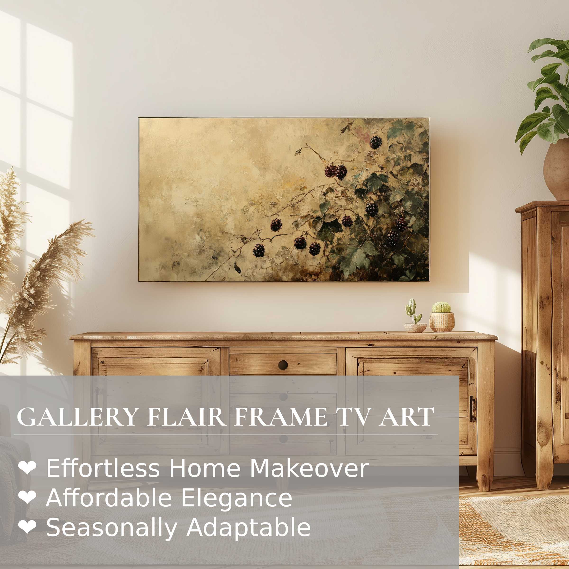 Samsung Frame TV displays botanical digital artwork of blackberries in a modern, sunlit, rustic setting