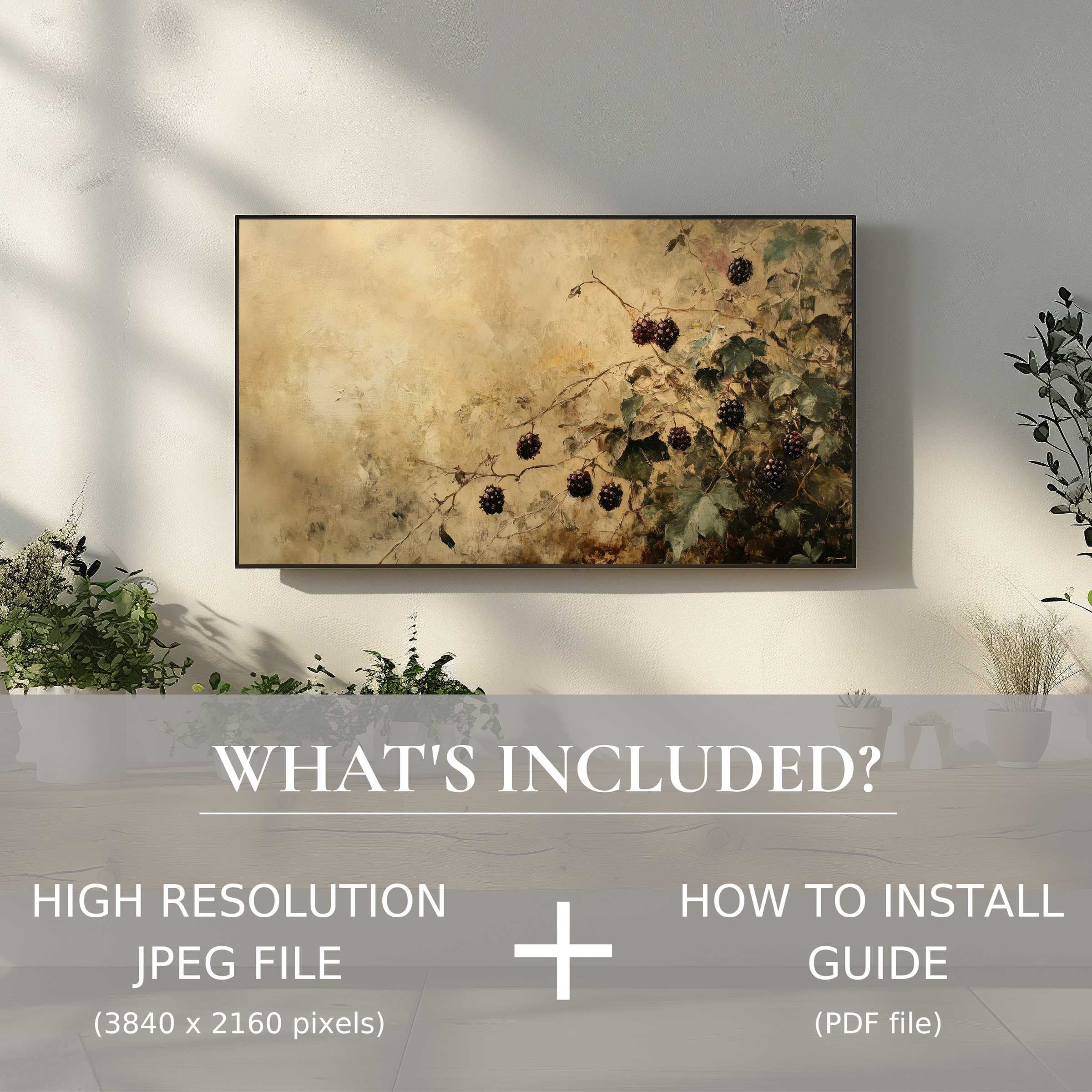 Elegant botanical digital TV art download enhances living space with effortless, high-res JPEG and install guide for easy use