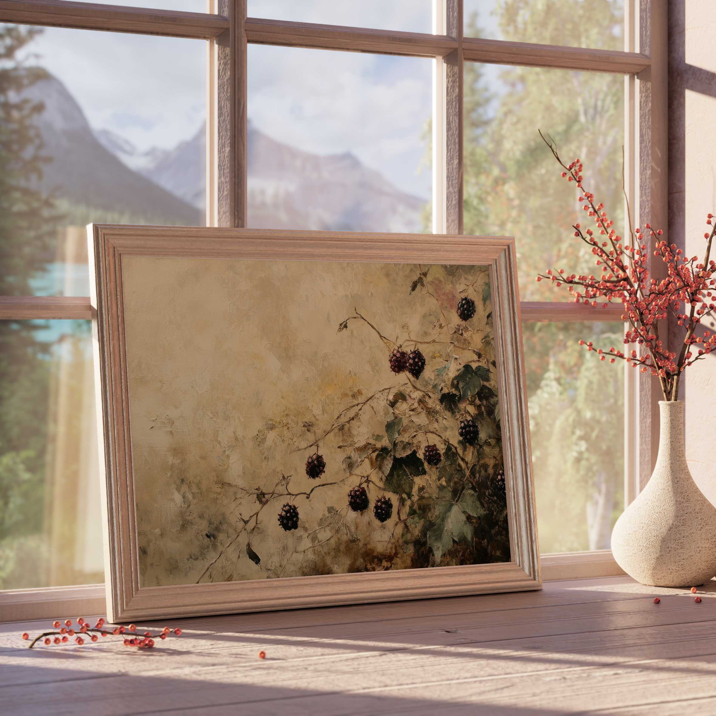 Botanical downloadable art capturing rustic elegance with ripe blackberries, enhancing tranquil, curated living spaces