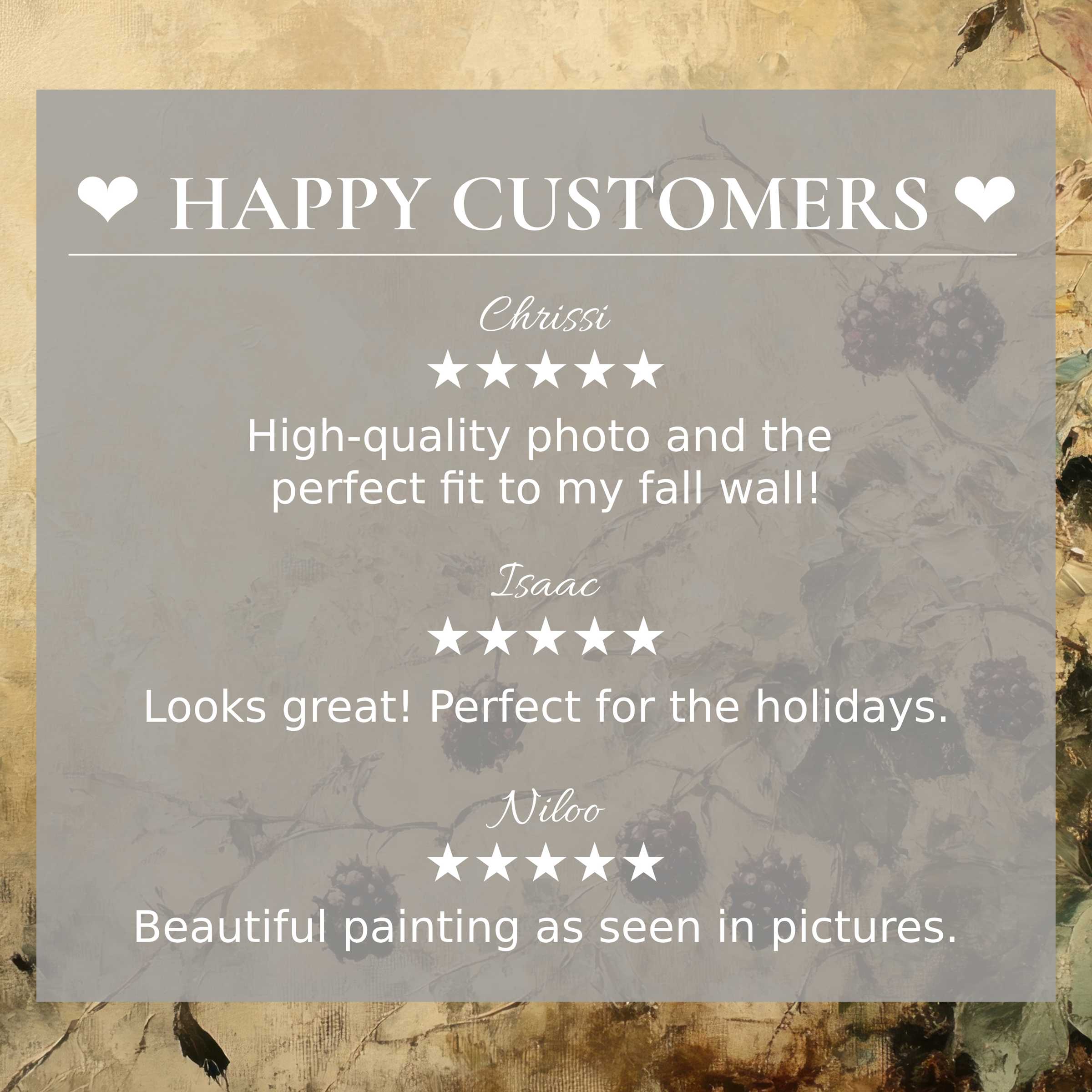 Testimonials by happy customer with botanical art for Frame TV, set on a muted berry-themed textured background
