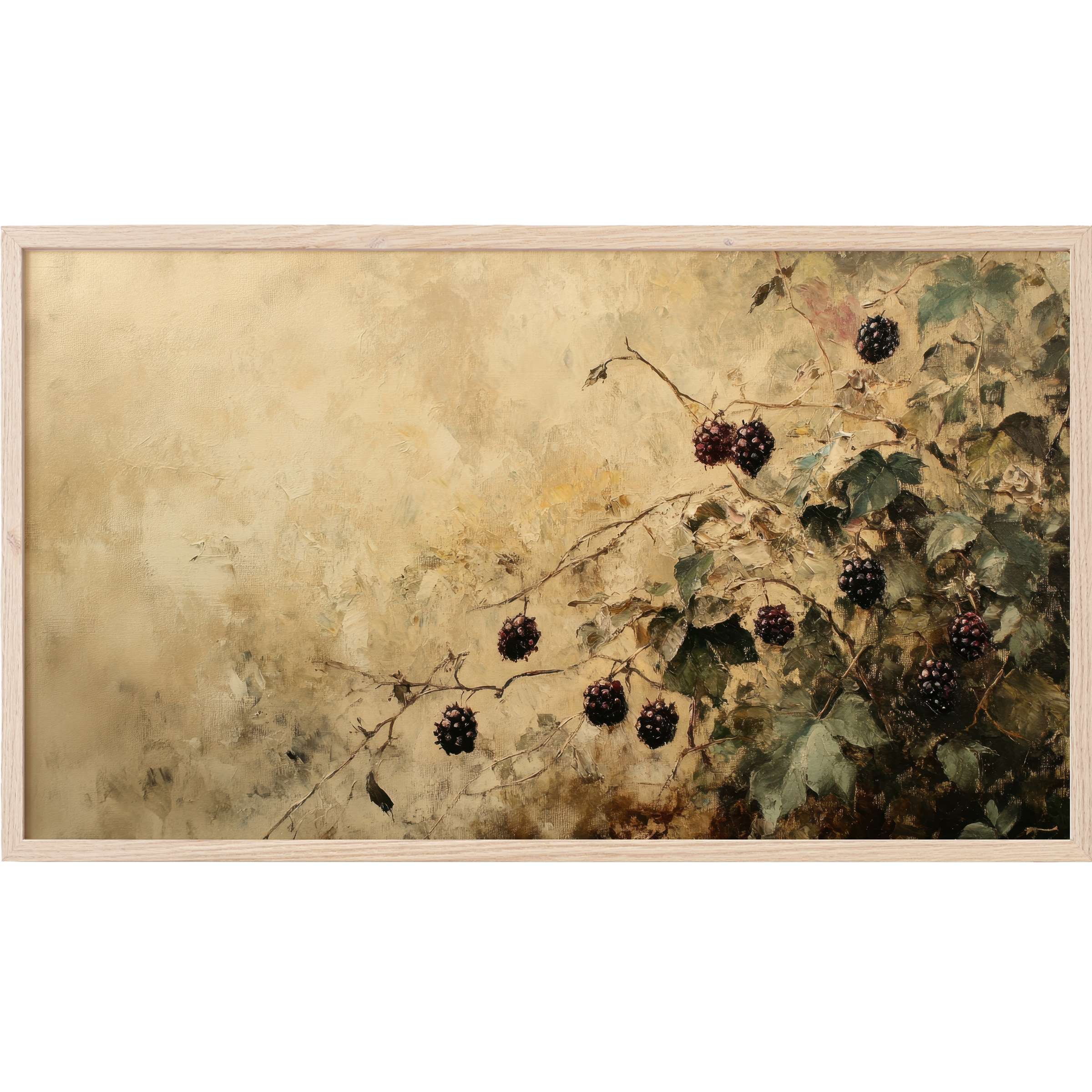 Elegant botanical Frame TV Art featuring textured green leaves and dark berries on a muted beige background