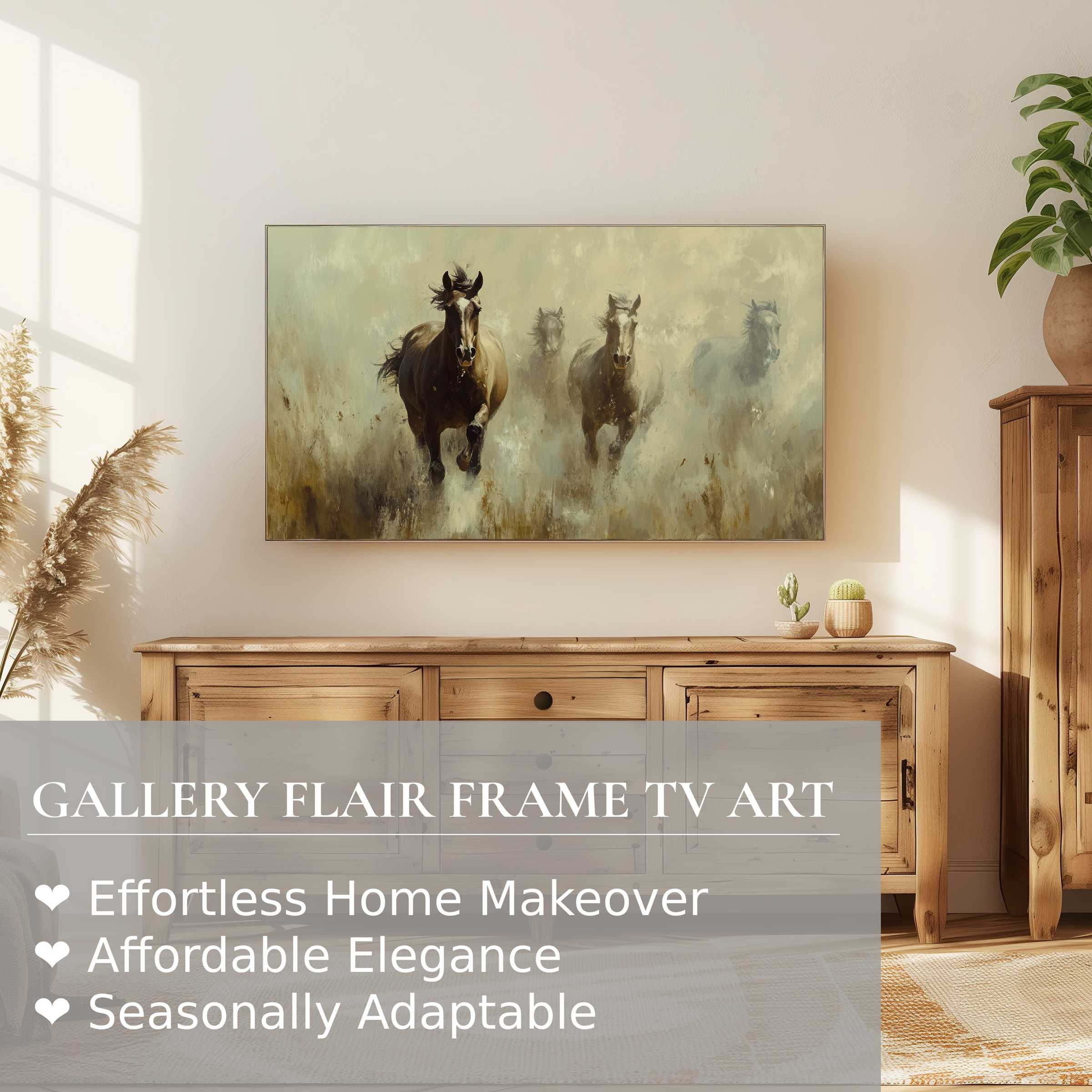Samsung Frame TV displays vintage digital artwork of horses in mist, blending rustic charm with modern elegance