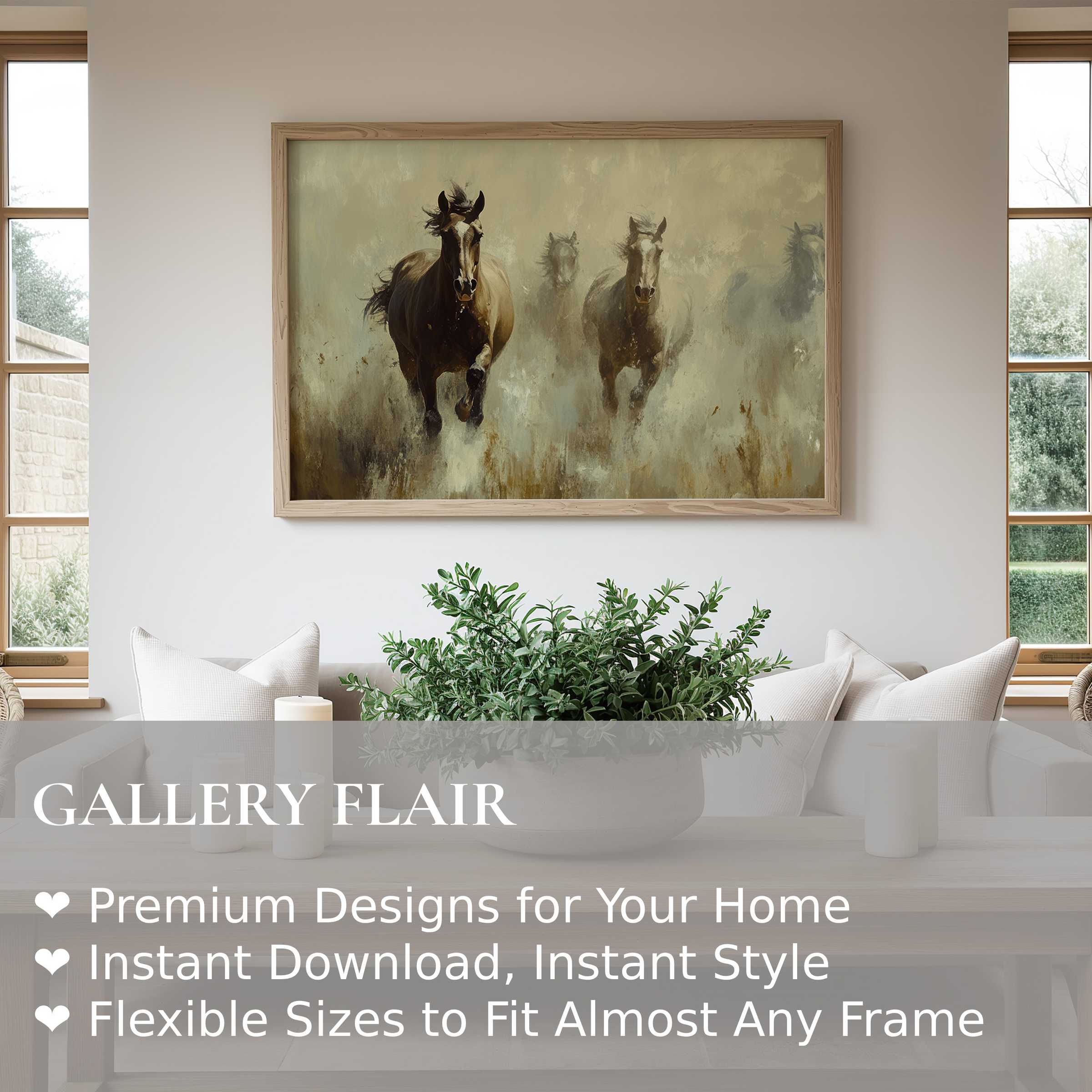Vintage wall art print of wild horses charging through mist, radiating dynamic energy and rustic charm in a modern farmhouse living room