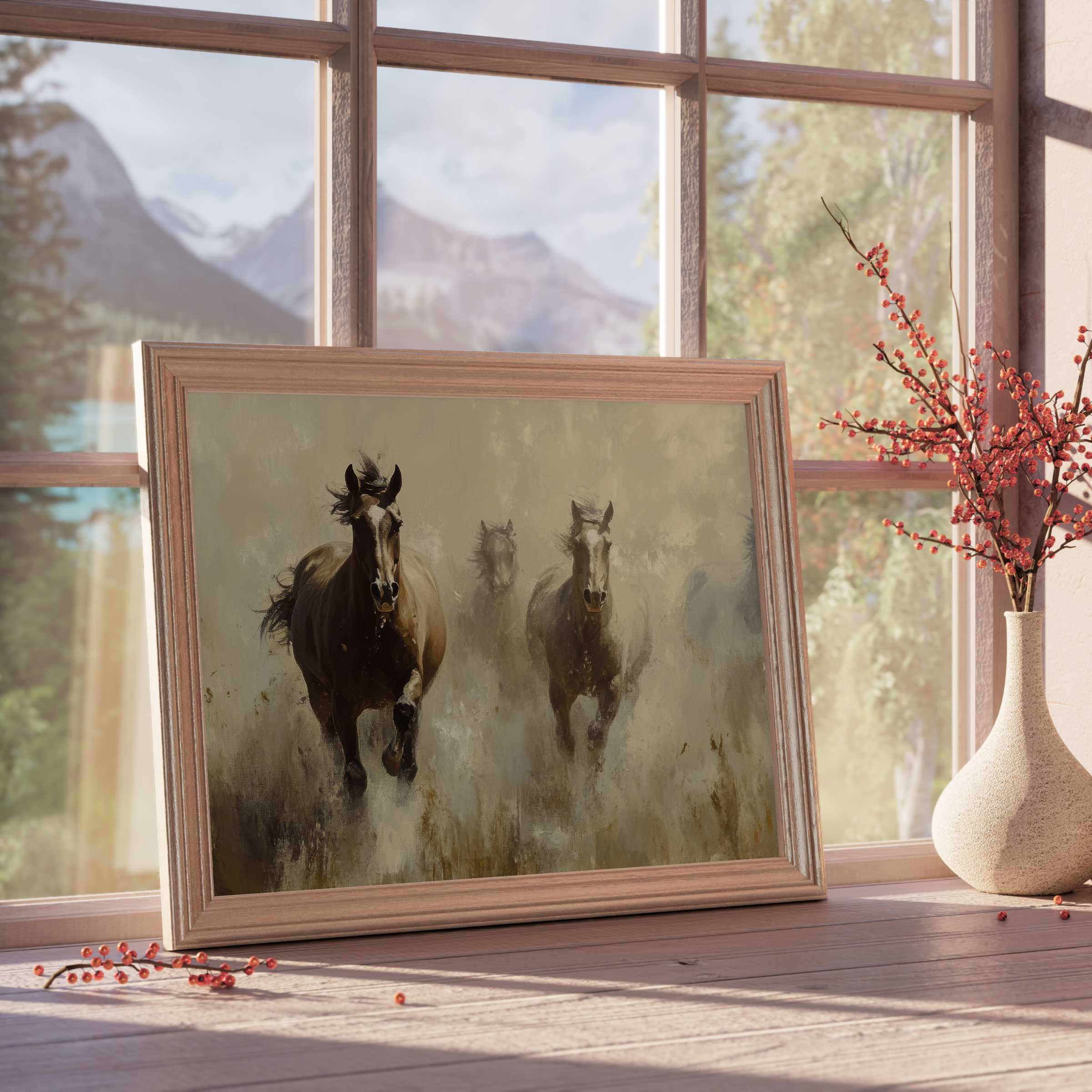 Vintage downloadable art of wild horses in motion, evoking dynamic elegance and rustic charm for curated, tranquil interiors