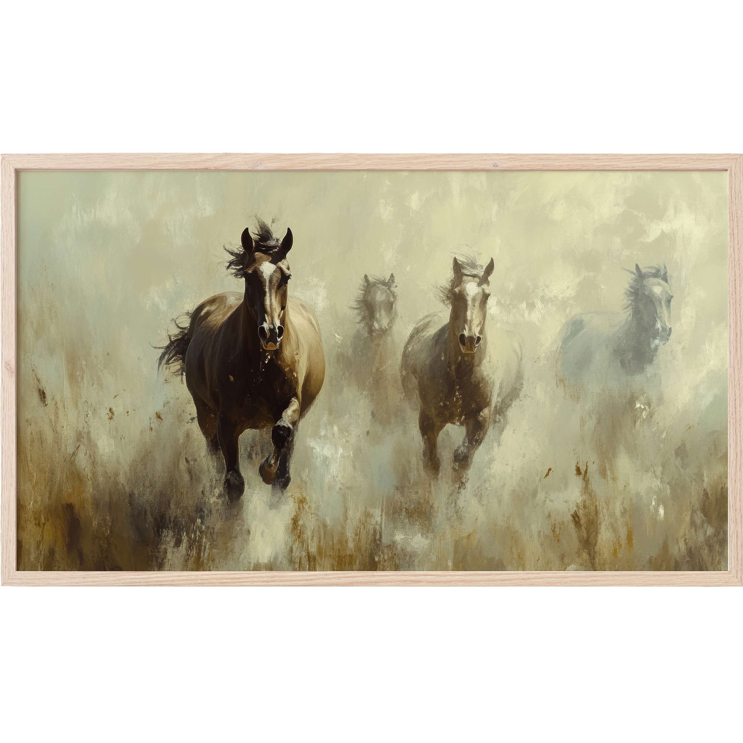 Vintage Frame TV Art showing dynamic horses charging through mist, muted earth tones with soft brushstrokes evoke elegant motion