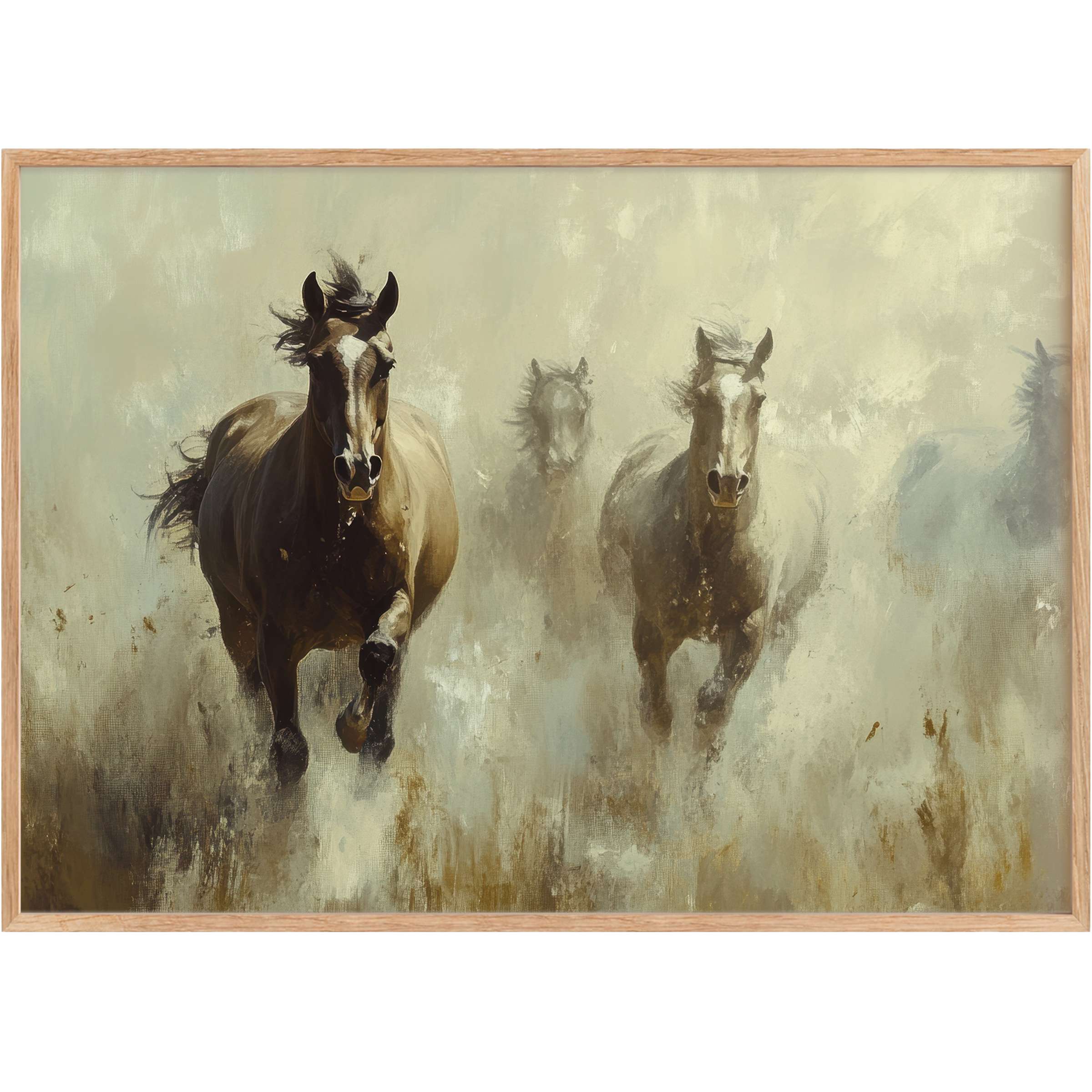 Powerful vintage printable wall art capturing galloping horses in muted earth tones, evoking a bold, dynamic serenity