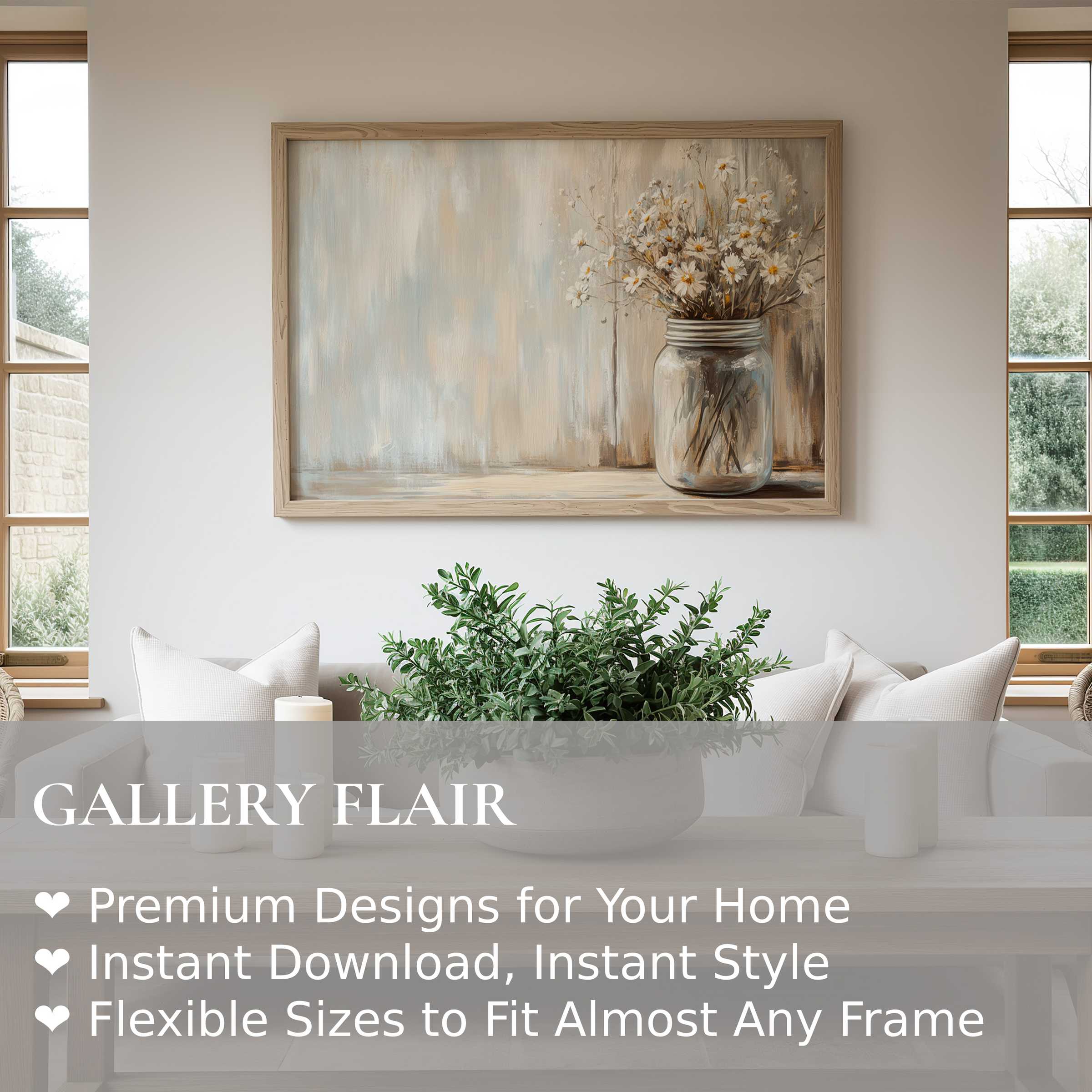 Farmhouse wall art print featuring soft, rustic daisies in a jar; enhances serene modern farmhouse decor with natural warmth and timeless charm