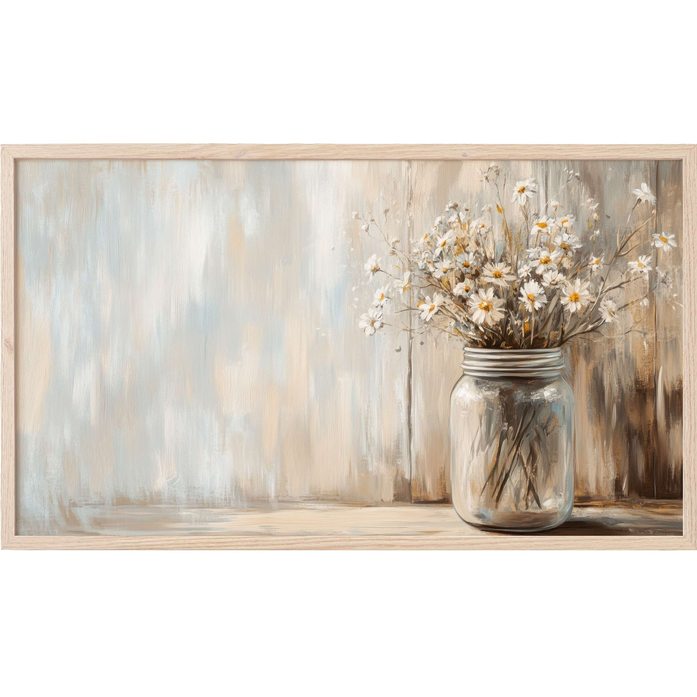 Farmhouse Frame TV Art with soft beige and white daisies in a glass jar, capturing rustic, elegant charm
