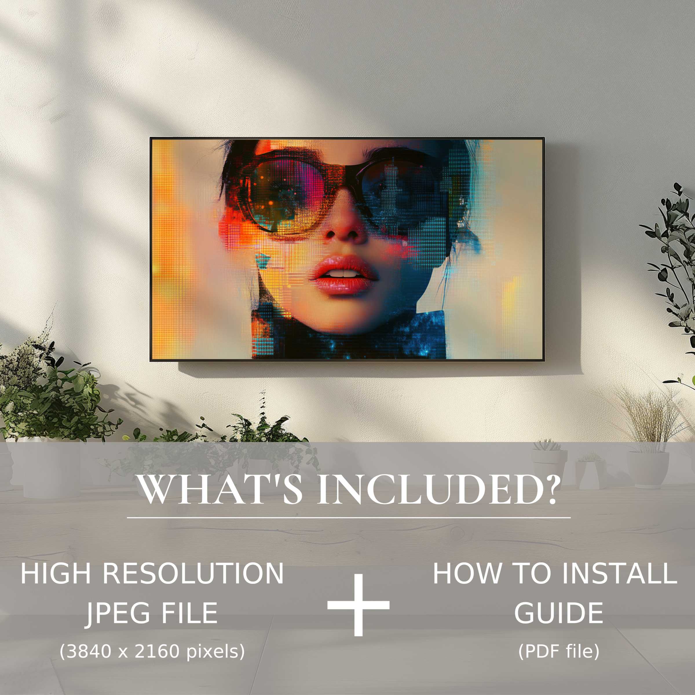 Chic living room with modern digital TV art download, easy use, elevates style and ambiance effortlessly