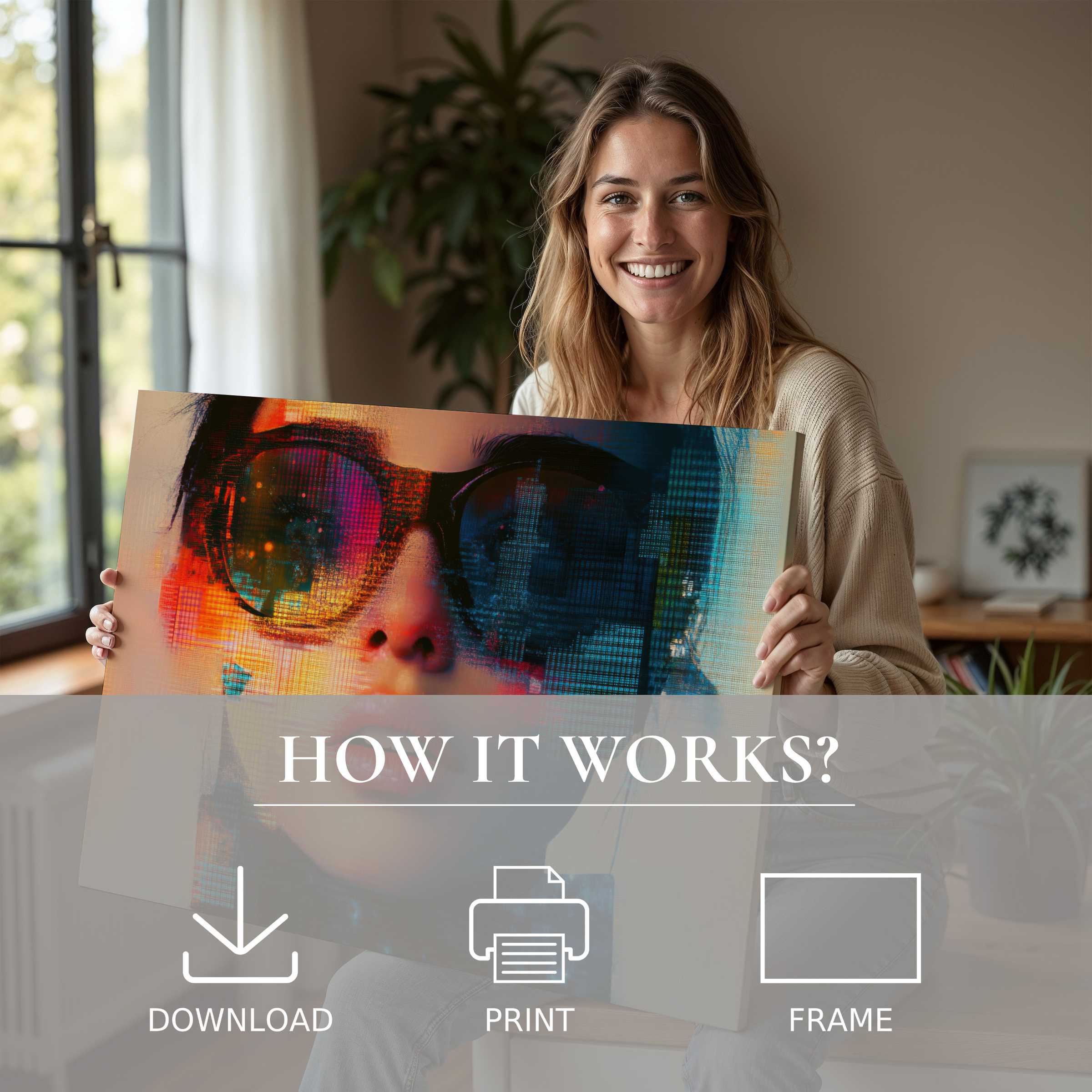 Warmly illuminated modern digital art print radiates joy and connection in a chic, serene home setting