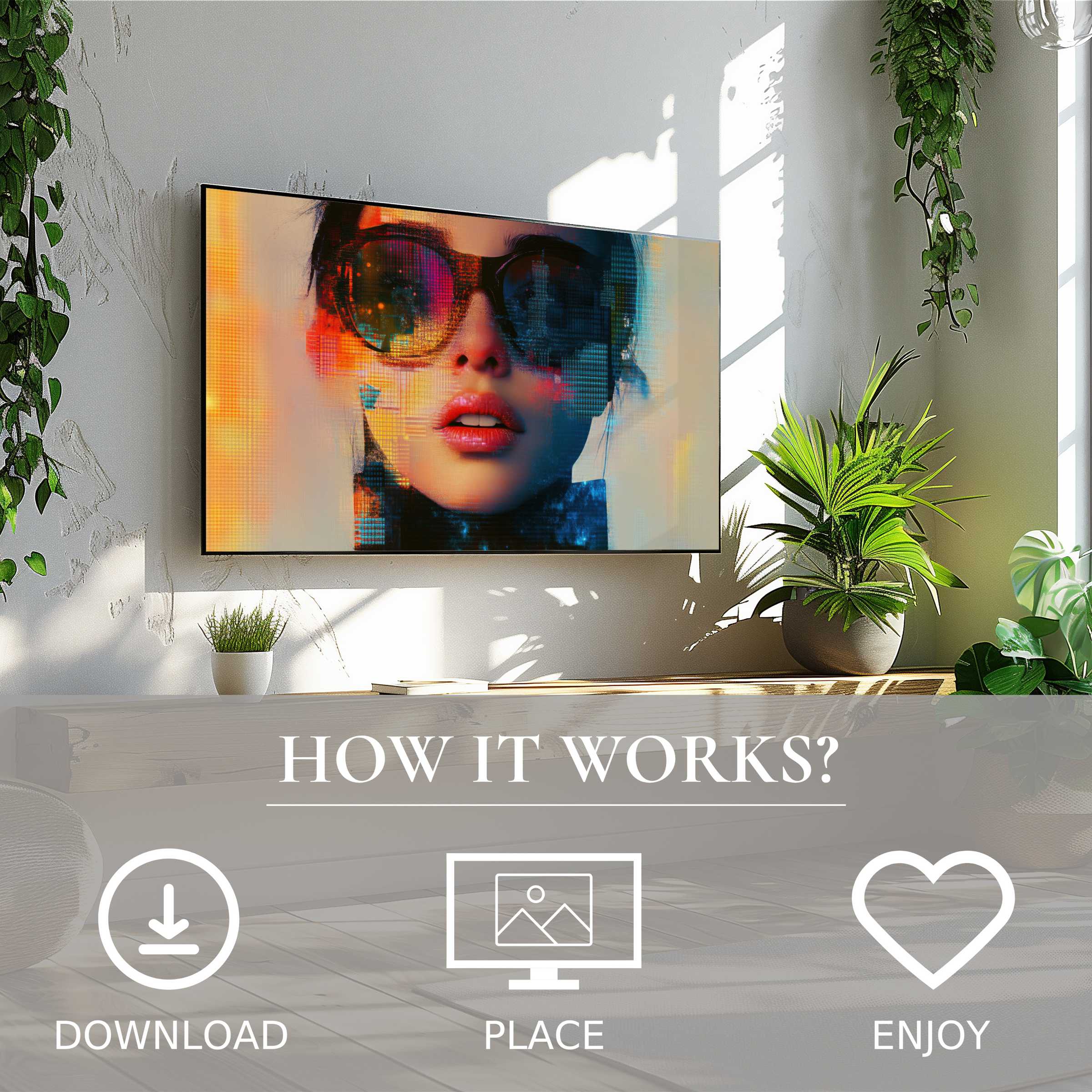 Modern art for Samsung TV: digital download with vivid face motif enriches bright, minimalist living space effortlessly