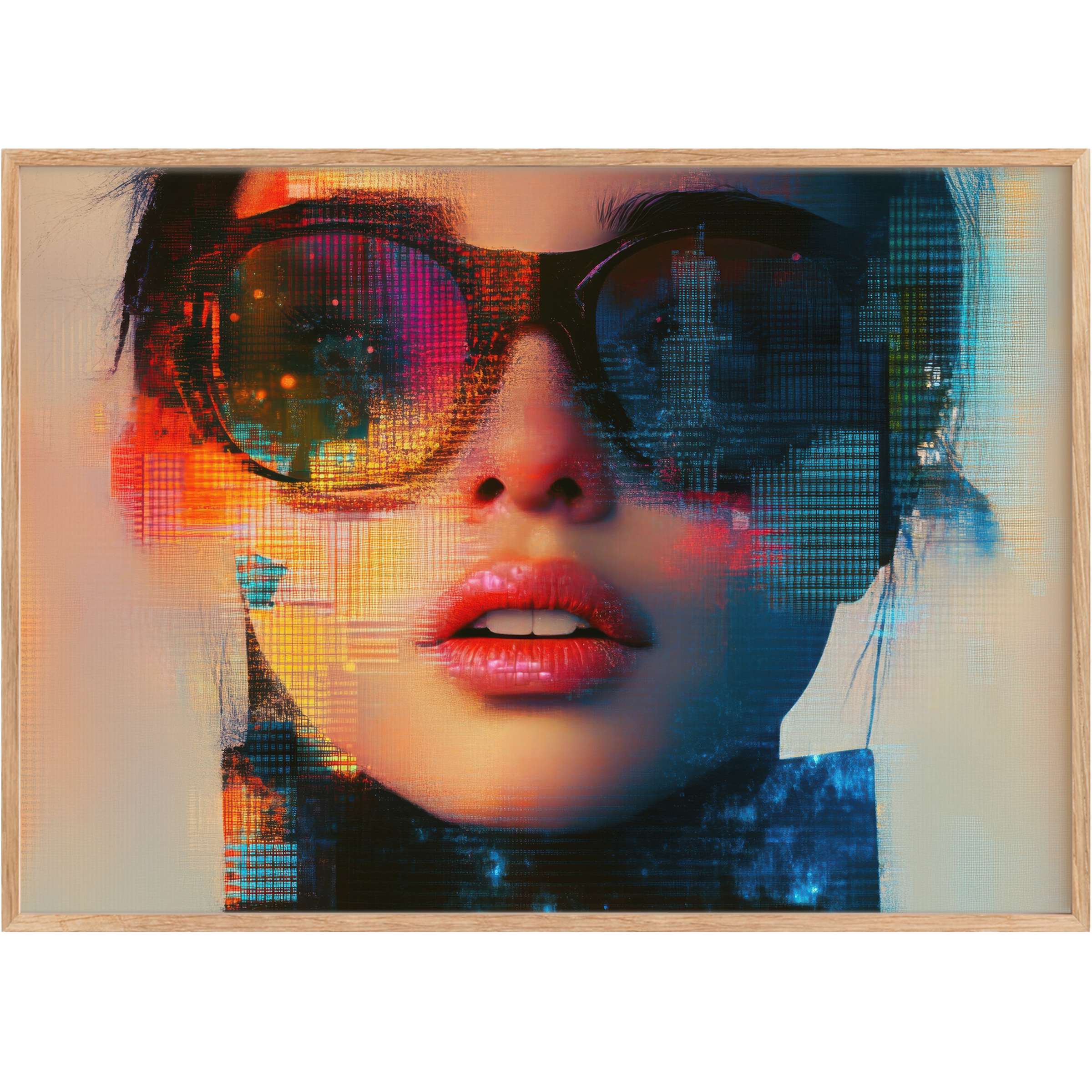 Modern printable wall art capturing a radiant, urban-chic vibe with vibrant reds and deep blues, elevating contemporary spaces