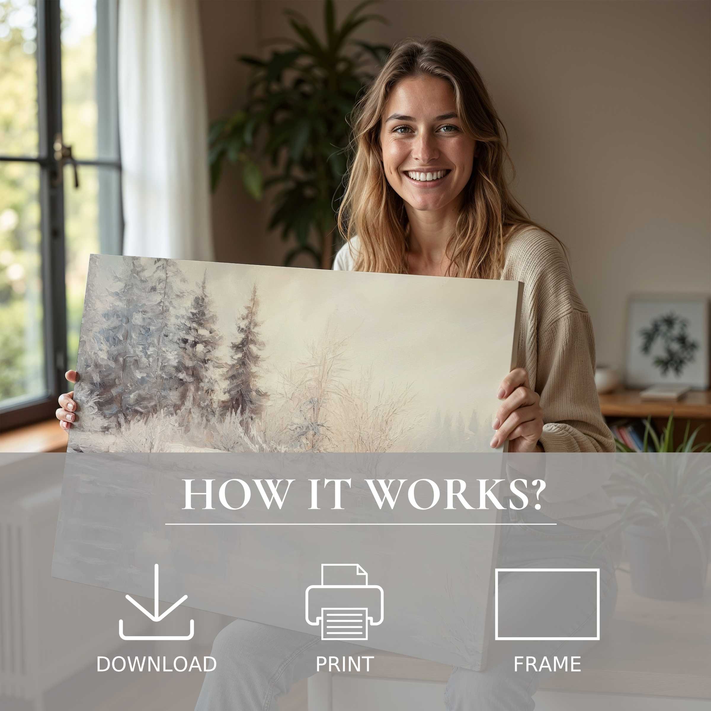 Graceful winter digital art print evoking calm and warmth, embraced in a modern home-celebrating art’s seamless joy
