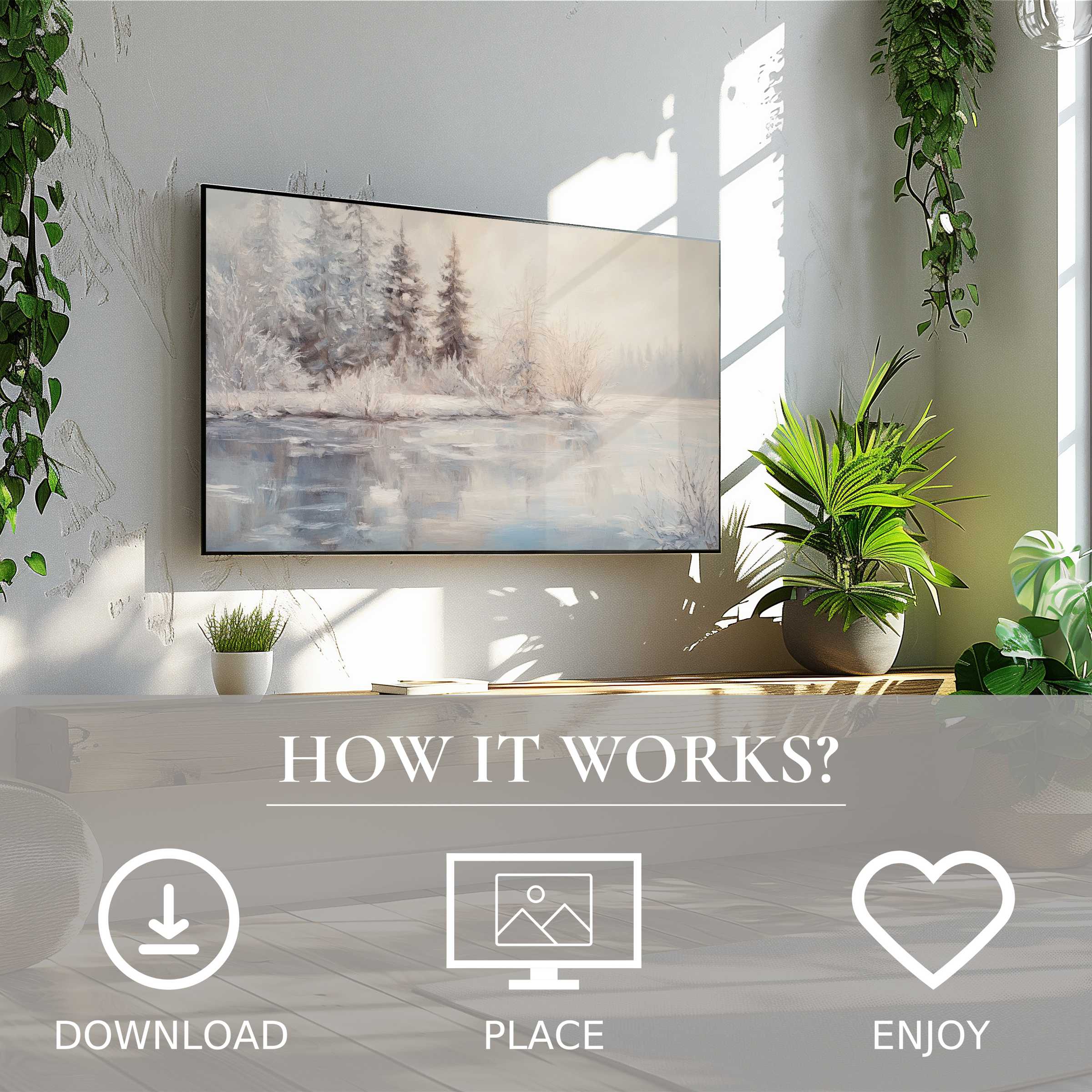 Winter art for Samsung TV shows soft winter landscape tones, easy digital download enriches your modern living space