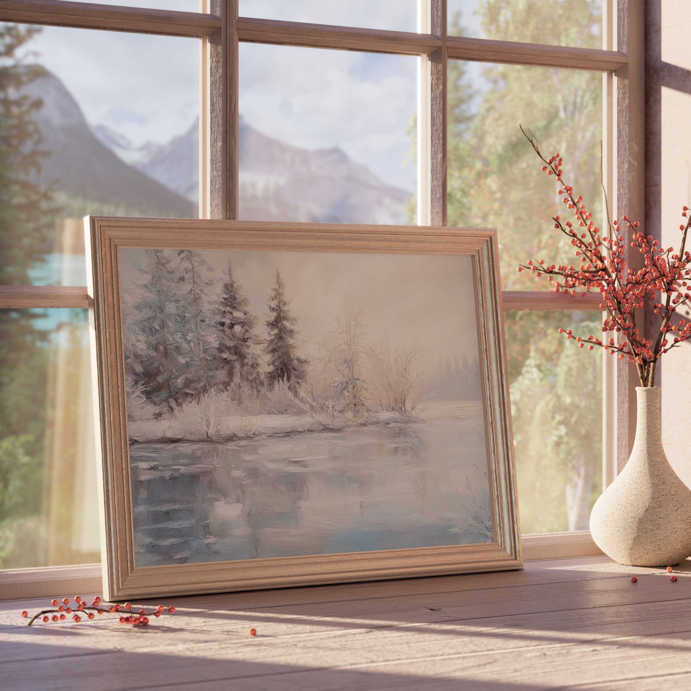 Winter downloadable art capturing serene, frosted pines by icy waters, perfect for curated, tranquil, elegant interiors