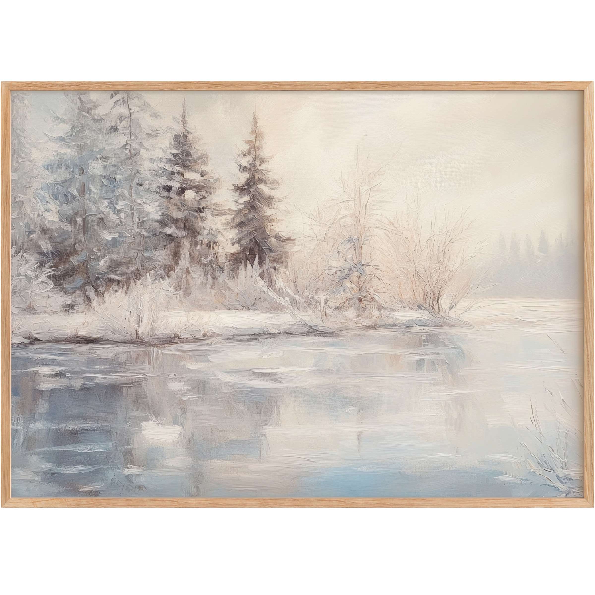 Winter printable wall art with serene frosted trees and icy blues, evoking a tranquil, elegant seasonal atmosphere