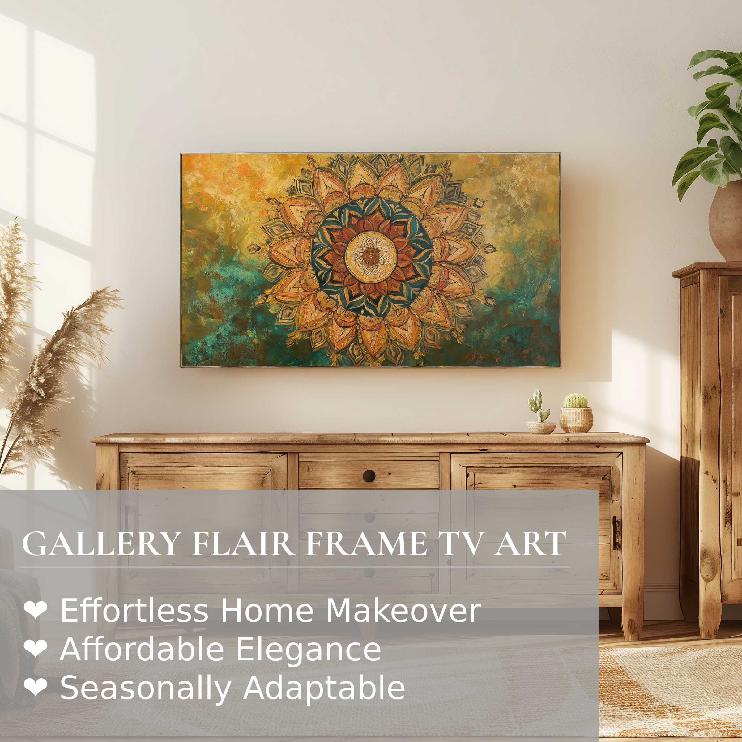 Samsung Frame TV showcasing vibrant boho digital artwork in a serene, sunlit modern rustic living space