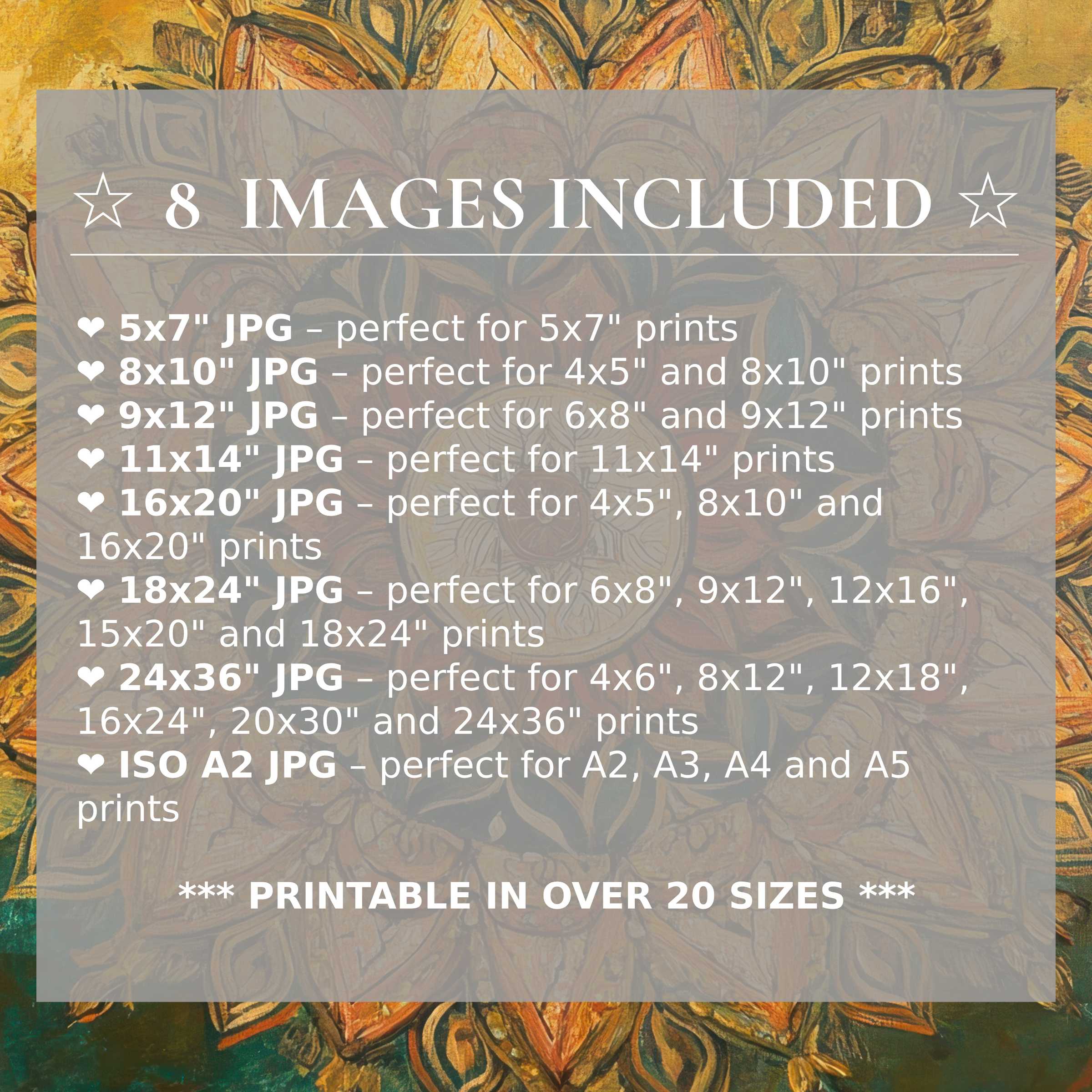 Radiant boho digital print in warm amber and earthy greens, delivered in 8 high-quality sizes to elevate modern interiors with versatile style