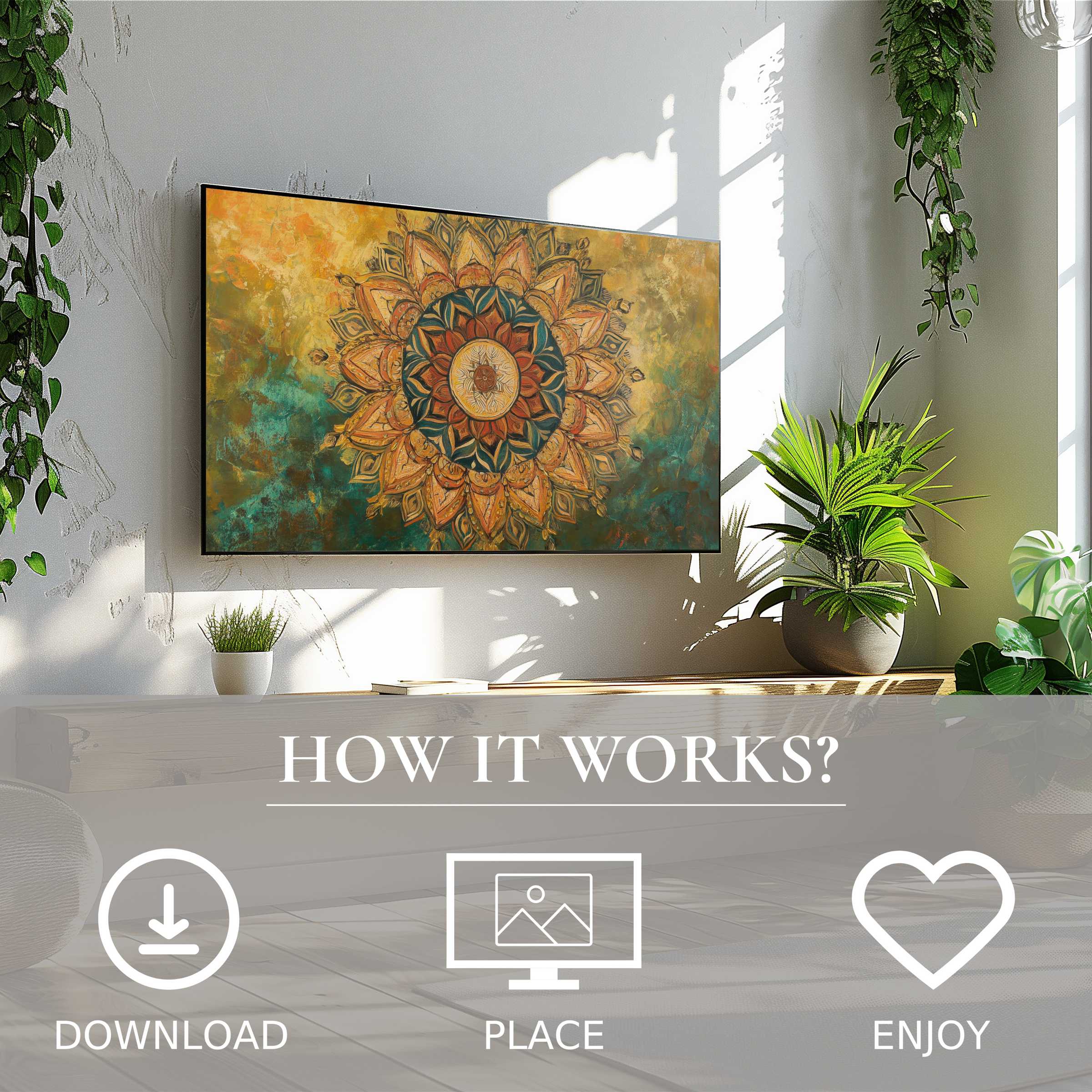 Boho art for Samsung TV with warm sunset tones on Frame TV; easy digital download enriches stylish living spaces