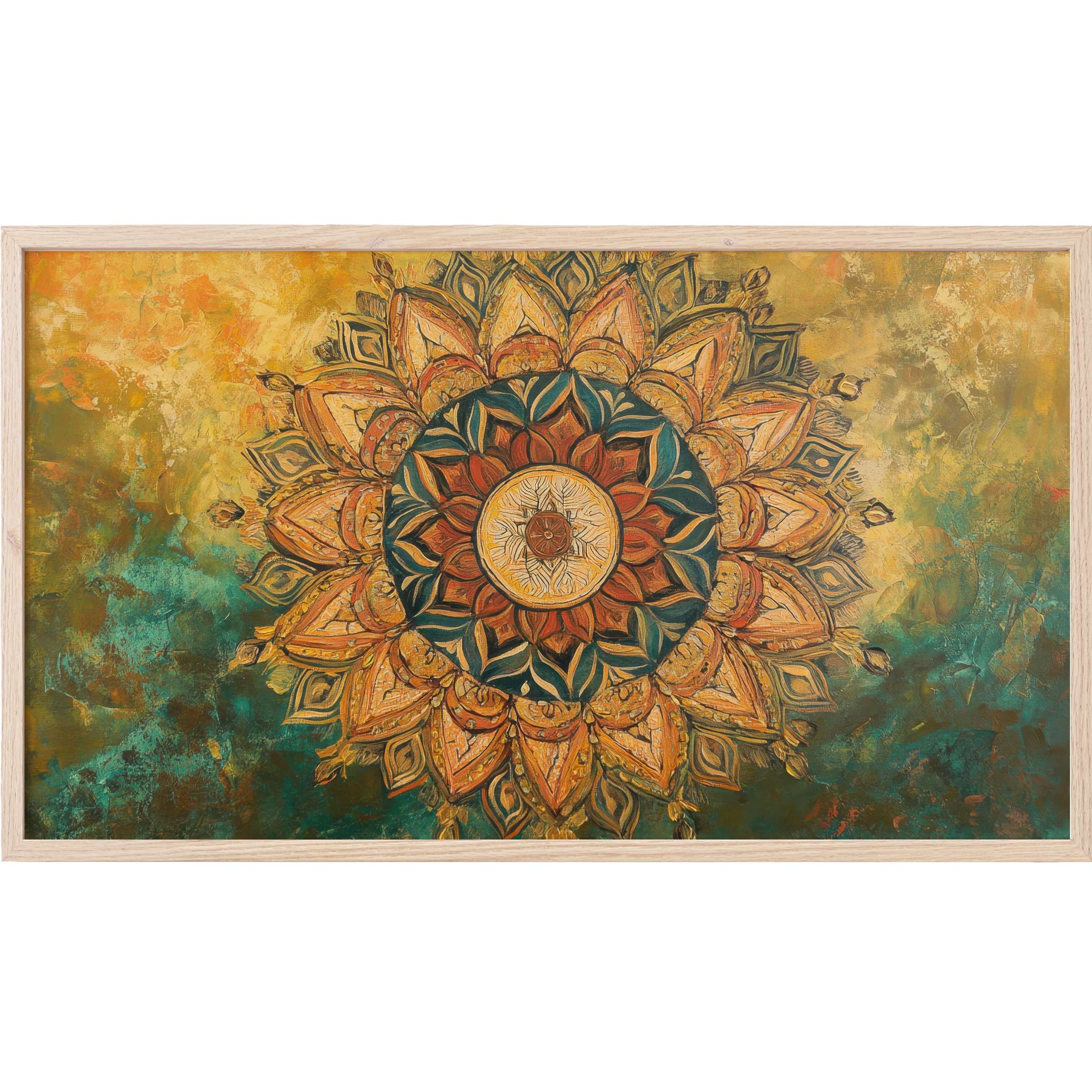 Boho Frame TV Art with a warm mandala, rich ochre, teal and amber tones in a textured contemporary style