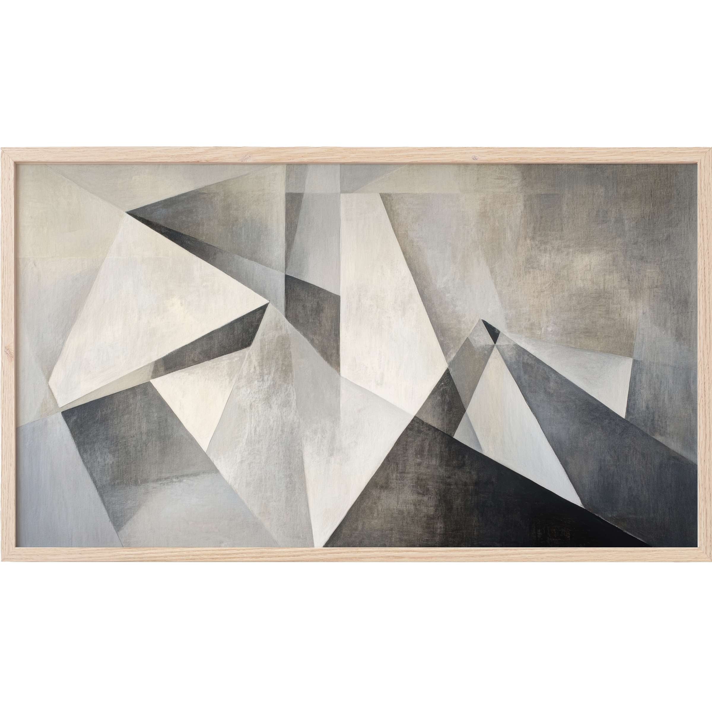 Minimalist Frame TV Art with abstract geometric shapes in muted grays and whites, exuding modern elegance and calm