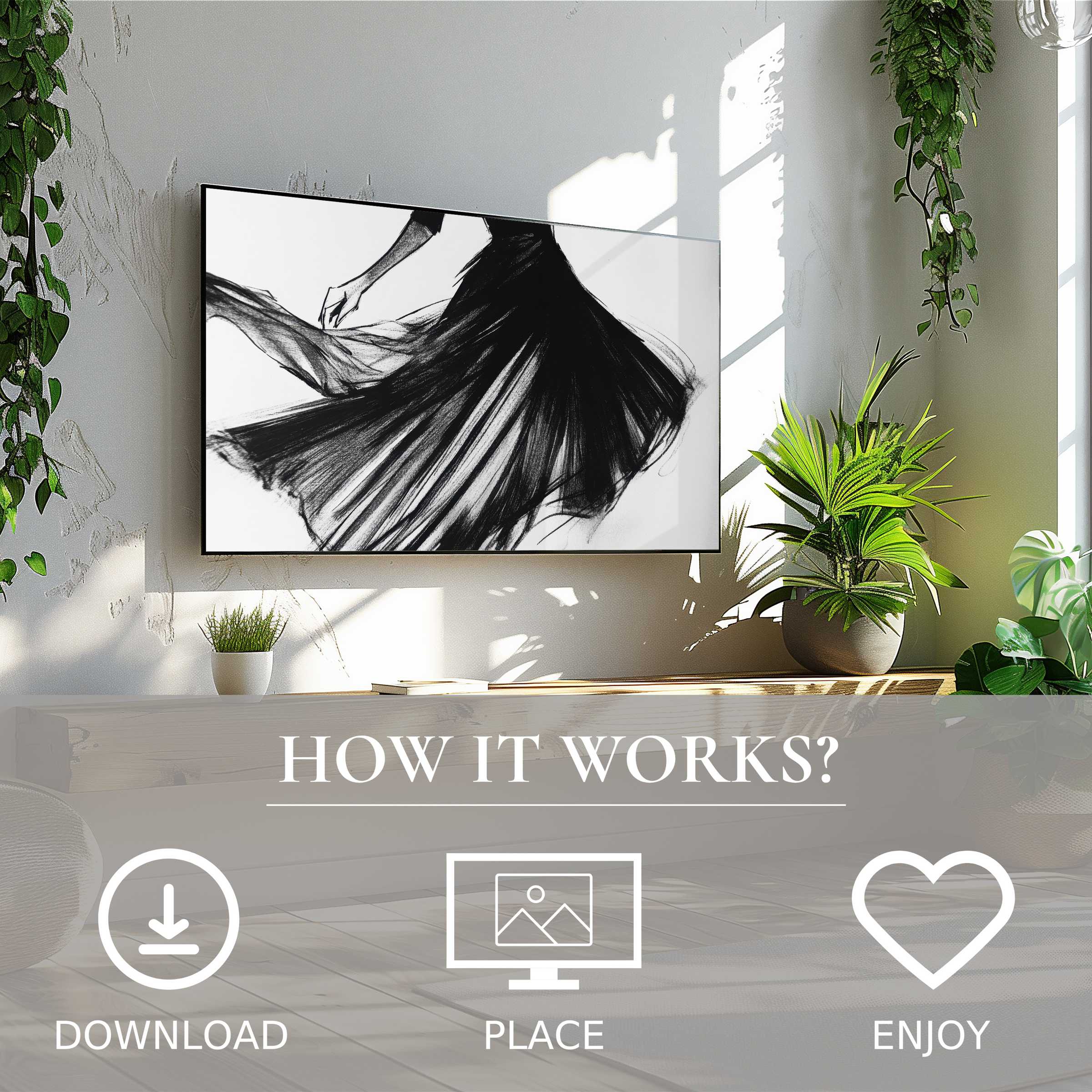 Minimalist living room featuring black and white art for Samsung TV with fluid dress motif, easy digital download enriches space