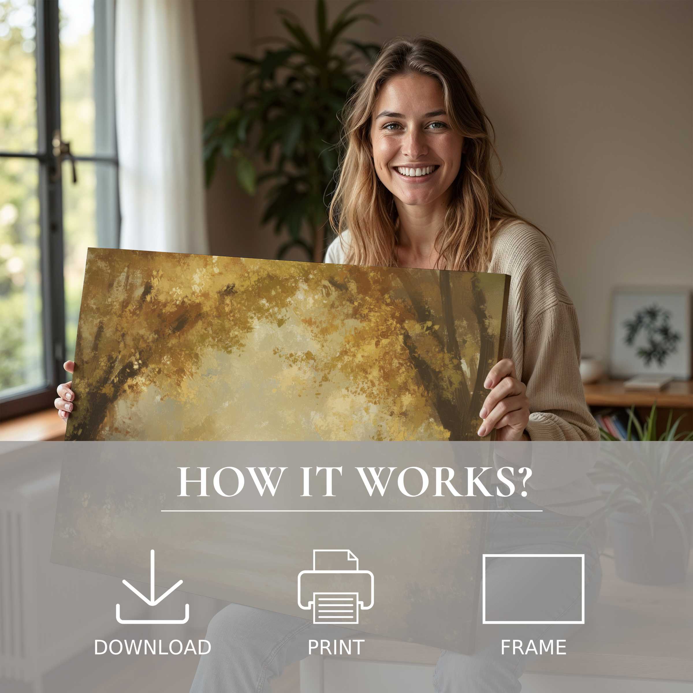 Radiant fall digital art print embraced in a modern home, evoking warmth and effortless joy through refined living with art