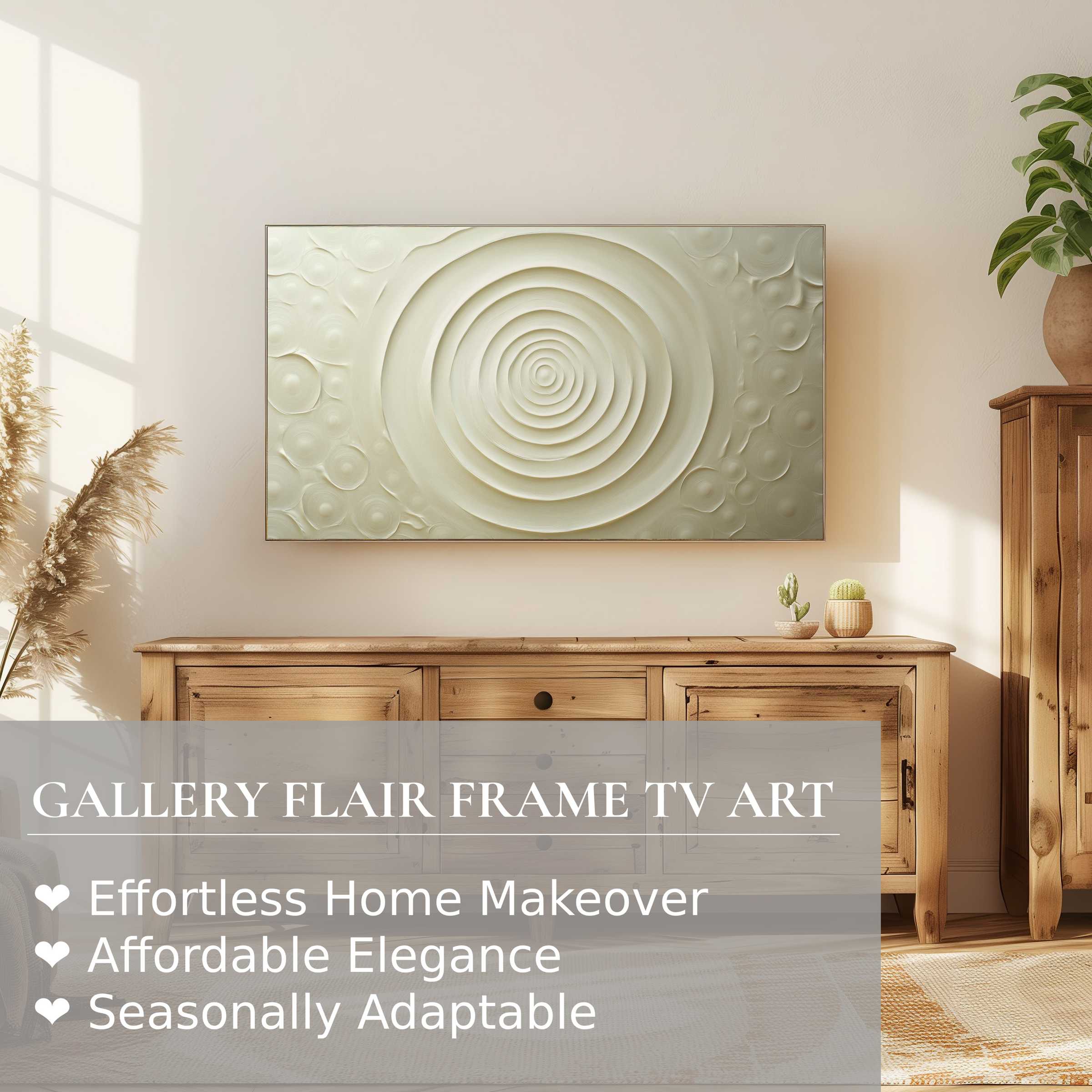 Samsung Frame TV showcasing neutral digital artwork with concentric circles in a serene, modern natural wood setting