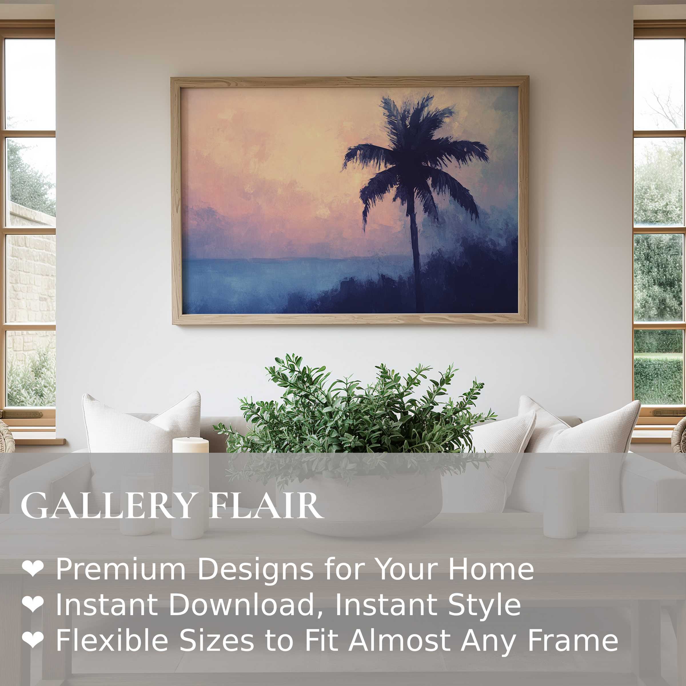 Summer wall art print featuring a serene palm silhouette at sunset, radiating calming coastal elegance in modern living spaces