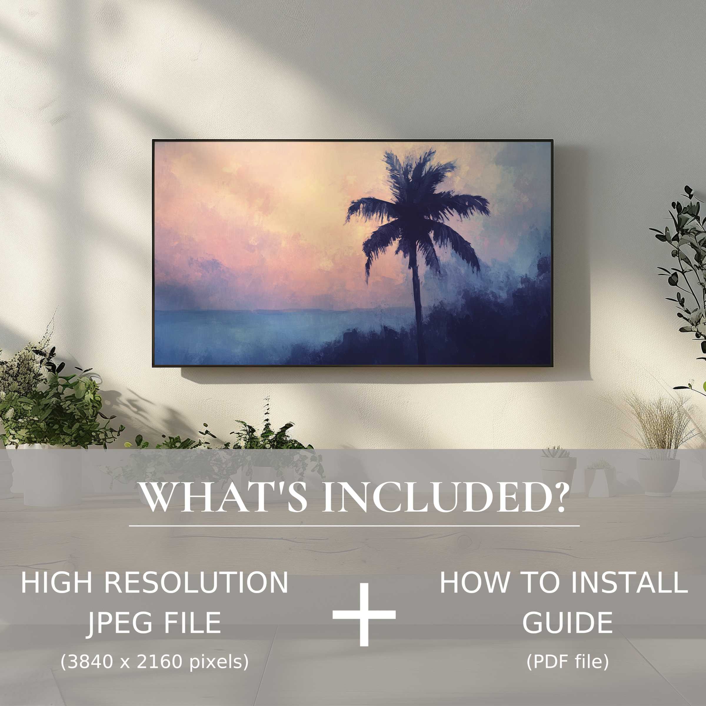 Elegant summer digital TV art download of palm sunset, effortlessly enhancing stylish living spaces with easy digital use