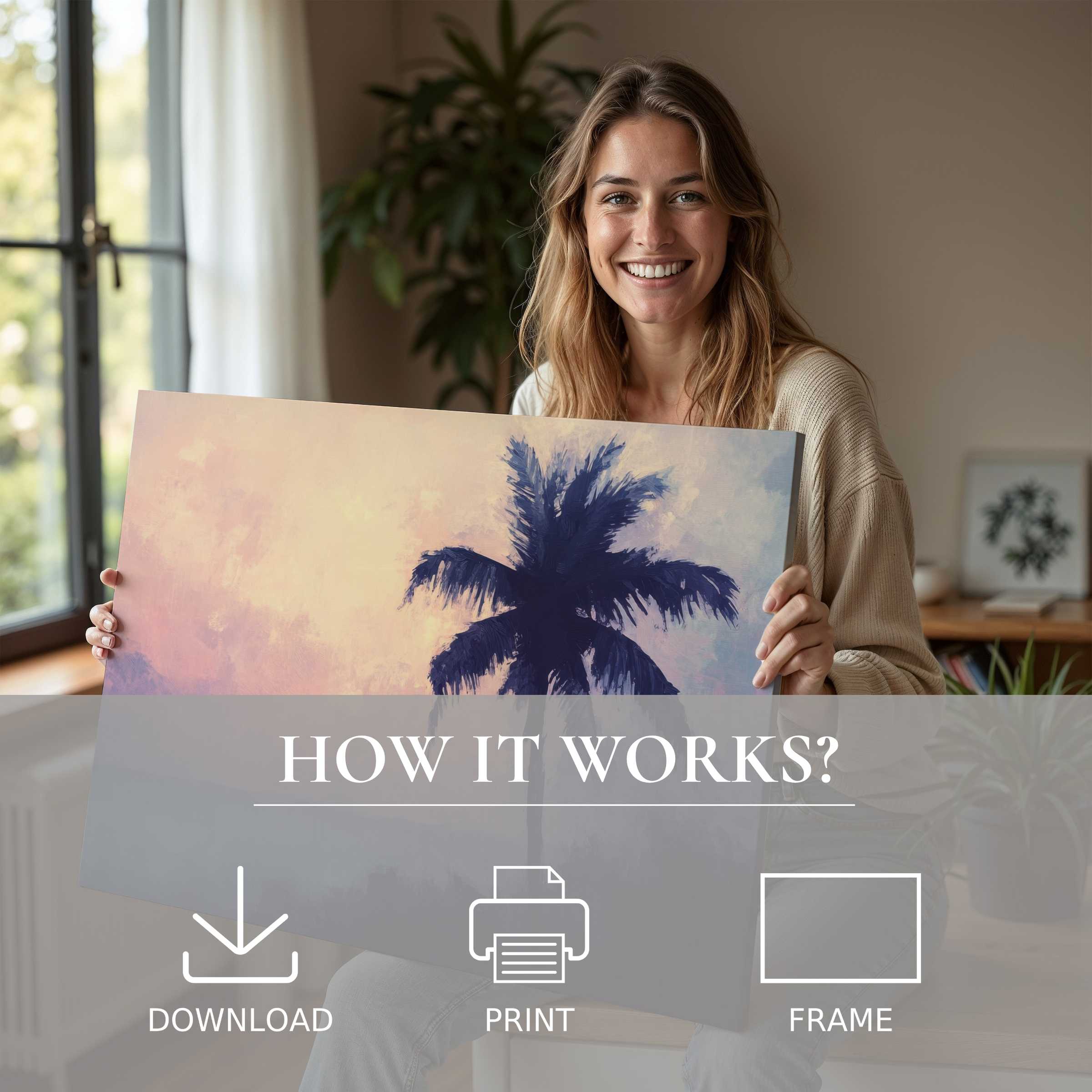 Woman in a sunlit modern living room embraces a summer digital art print, evoking joy and serene connection with timeless decor