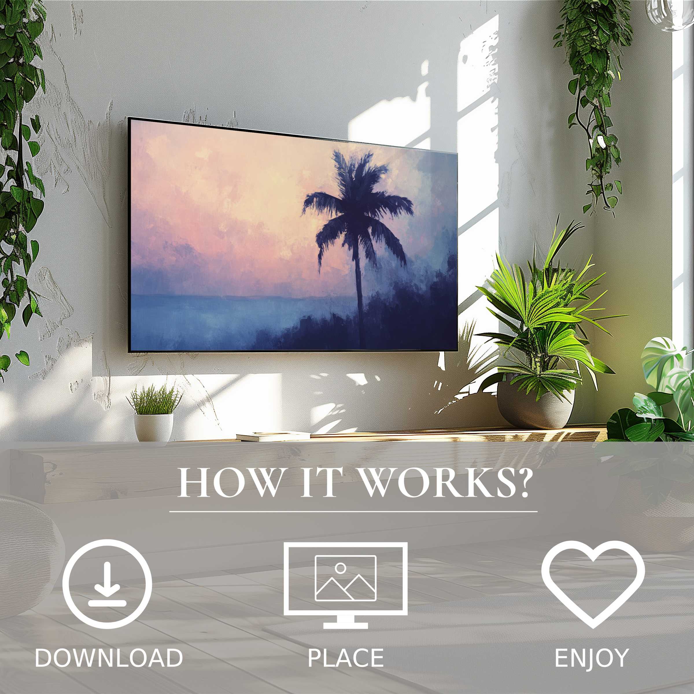 Summer art for Samsung TV shows soft sunset tones with a palm motif, easy digital download enriches any modern living space