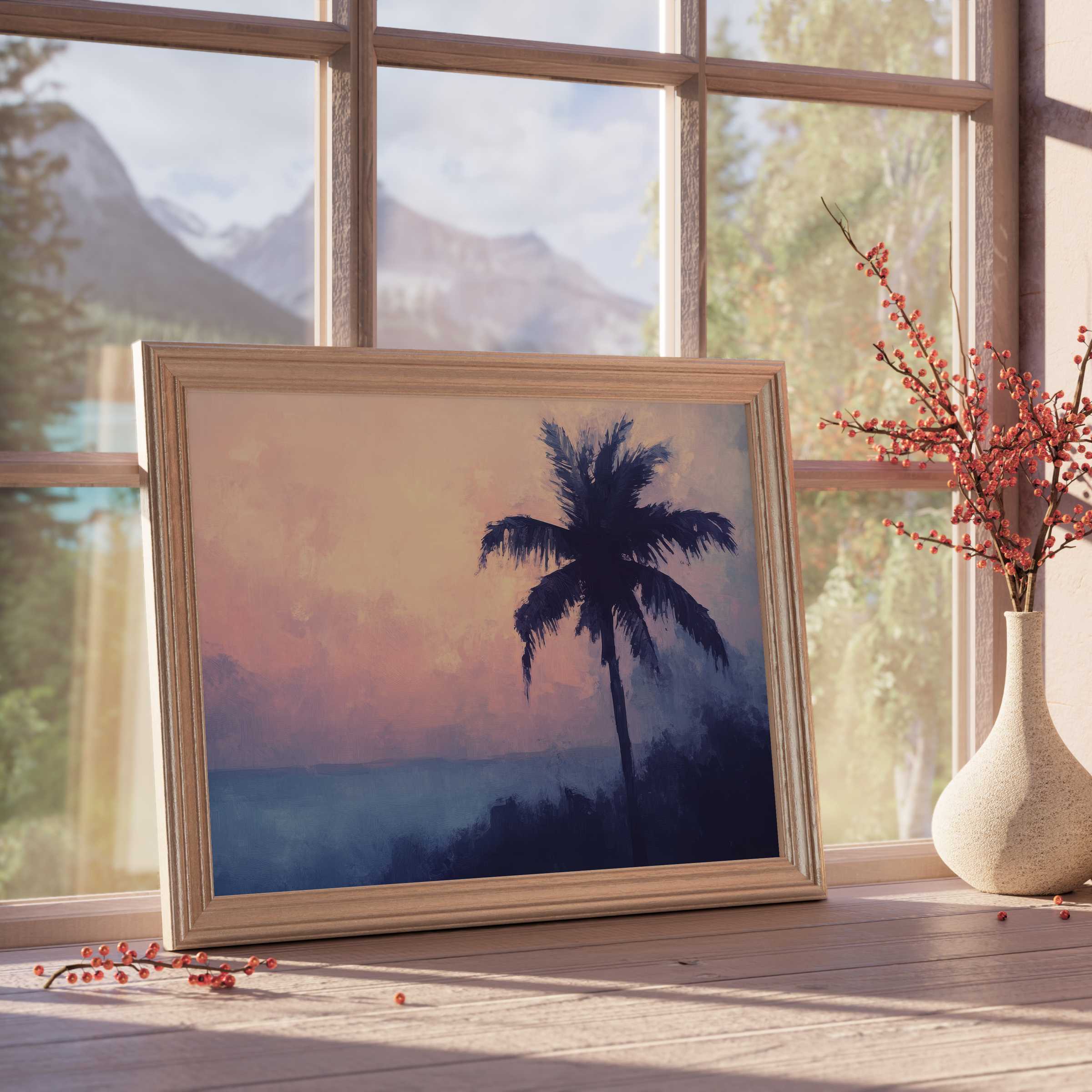 Summer downloadable art capturing a serene palm silhouette at dusk, elevating tranquil, curated interiors with warm coastal charm