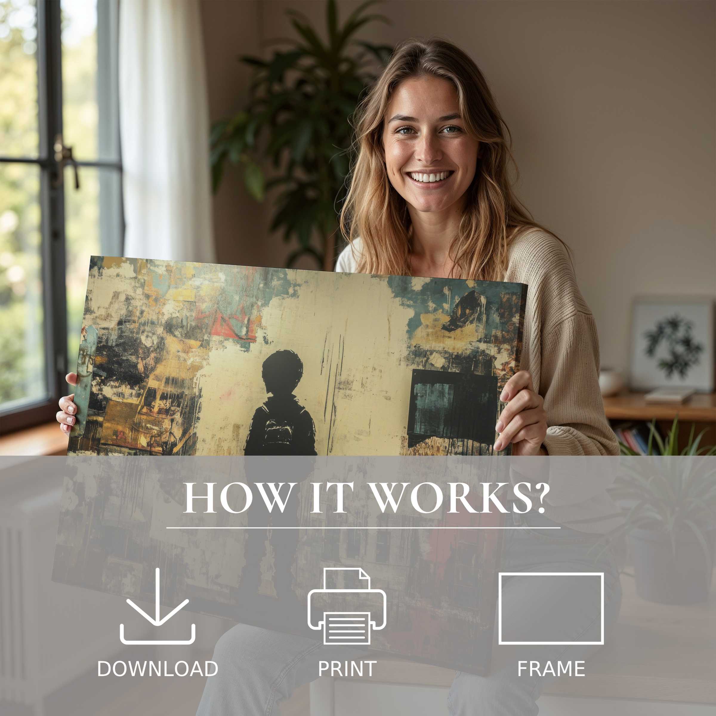 Woman joyfully sharing a street art digital art print in a sunlit modern home, celebrating art’s seamless, inspiring presence