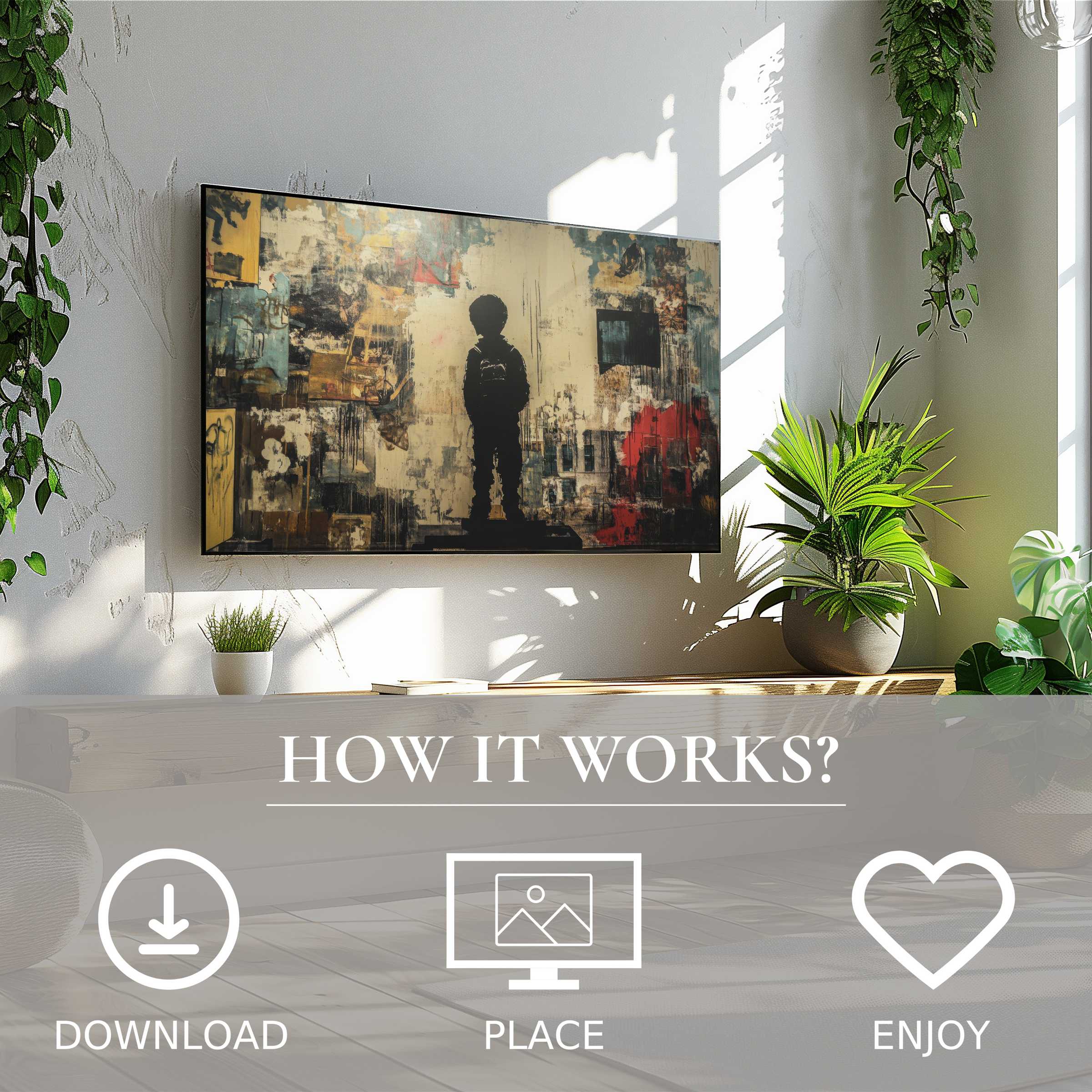 Modern living room with lush plants, simple digital download, street art for Samsung TV showing muted urban tones