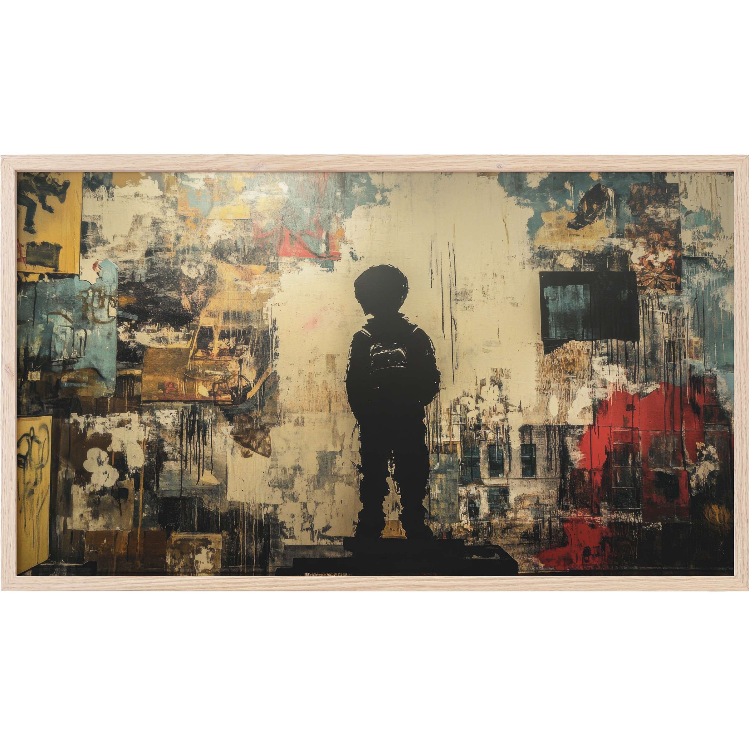 Moody silhouette of a child contrasts textured blues, reds, and golds in this evocative street art Frame TV Art