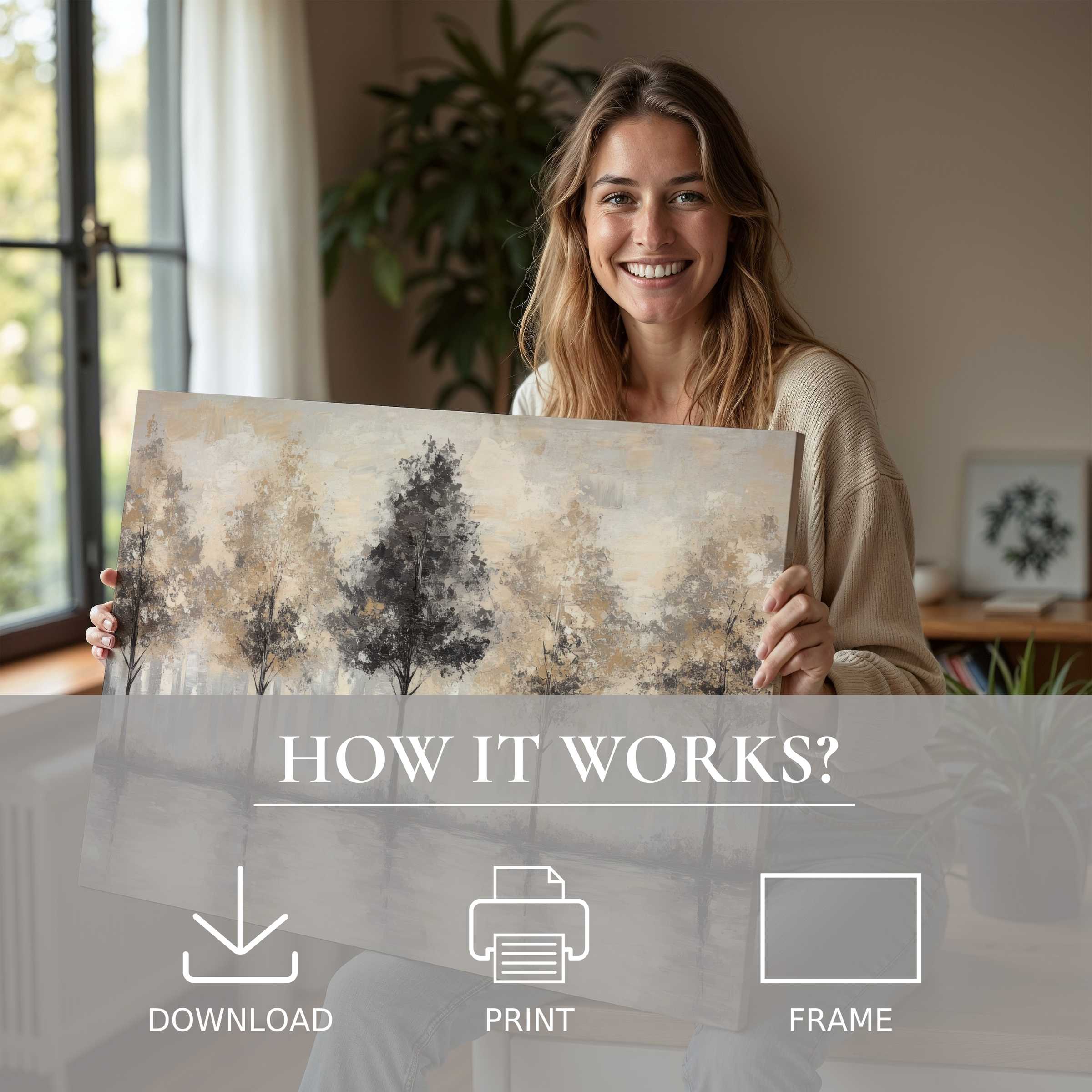 Radiant woman in a stylish home embracing serene connection through a warm-toned tree digital art print