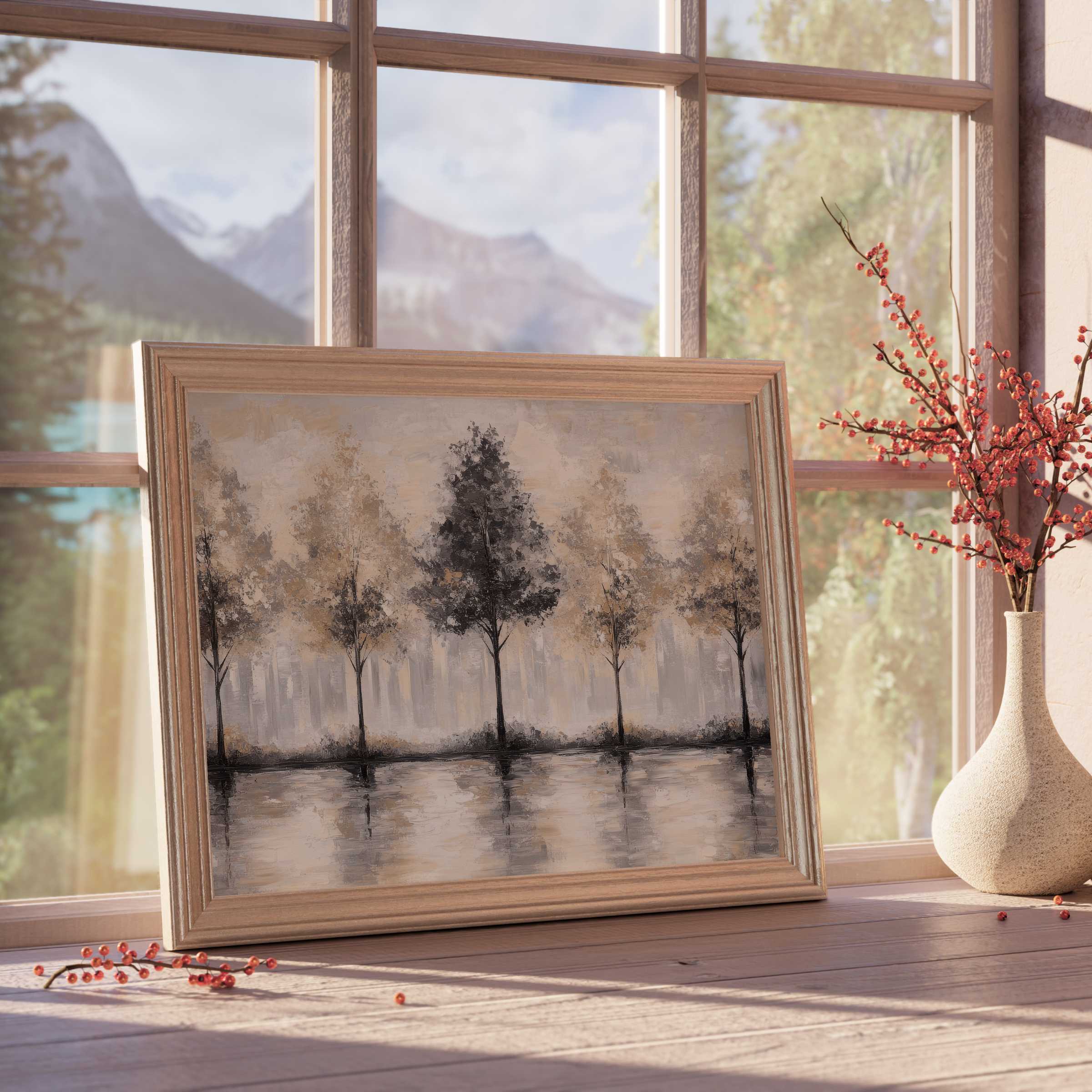 Serene tree downloadable art in muted tones, reflecting tranquil waters; a sophisticated centerpiece for curated, elegant interiors